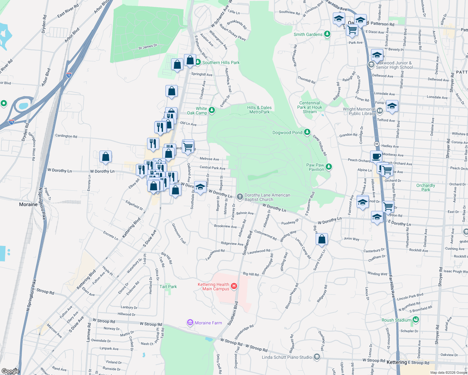 map of restaurants, bars, coffee shops, grocery stores, and more near 2953 Berkley St in Dayton