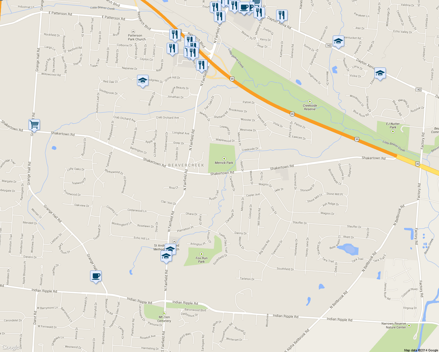 map of restaurants, bars, coffee shops, grocery stores, and more near 630 Rustic Trail in Dayton