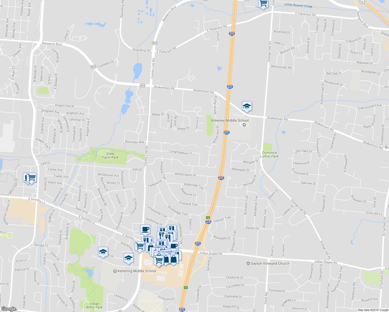 map of restaurants, bars, coffee shops, grocery stores, and more near 4307 Longmeadow Lane in Dayton