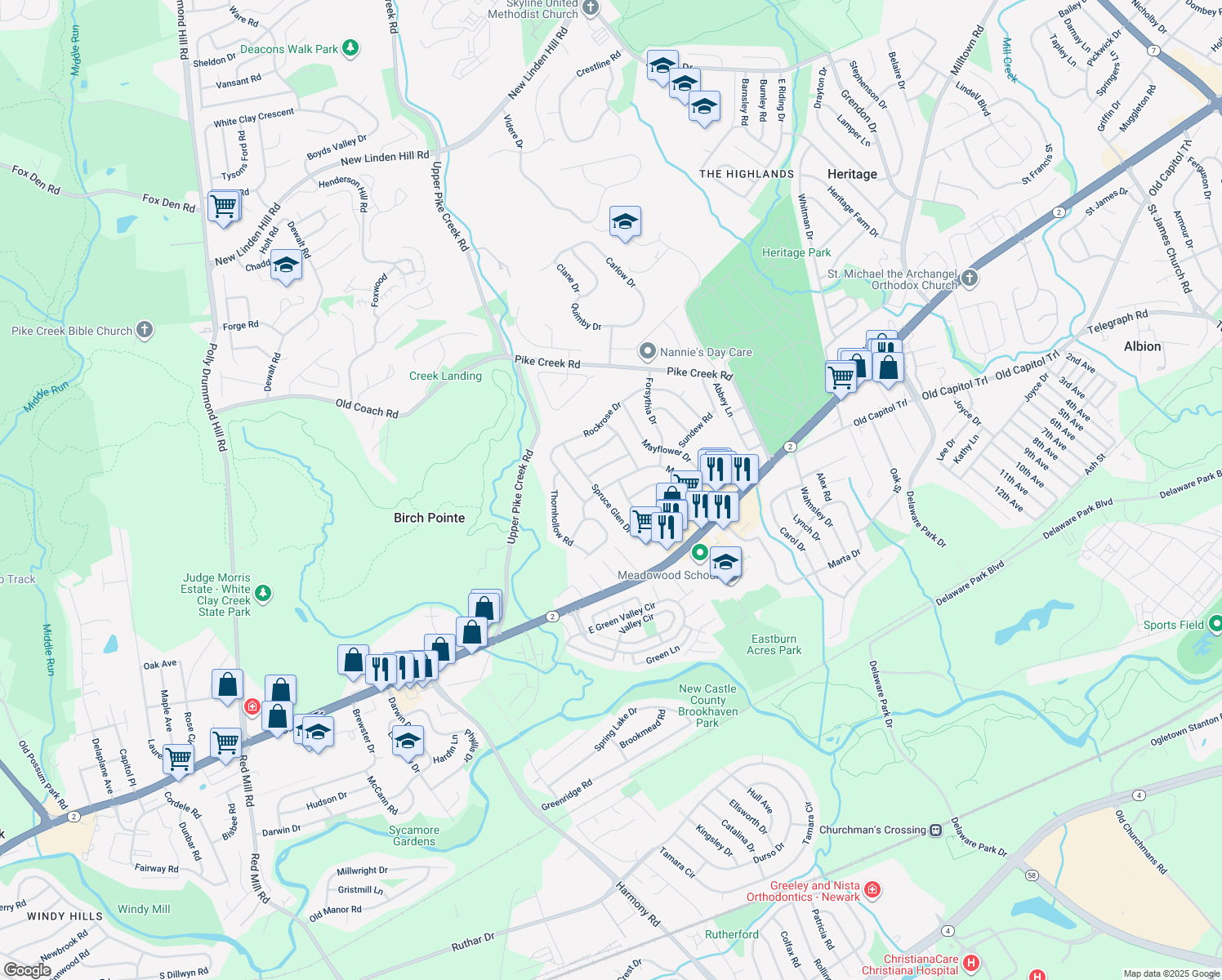 map of restaurants, bars, coffee shops, grocery stores, and more near 135 Meadowood Dr in Newark