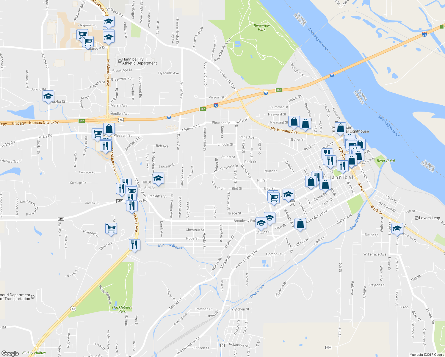 map of restaurants, bars, coffee shops, grocery stores, and more near 26 Ridgewood Drive in Hannibal