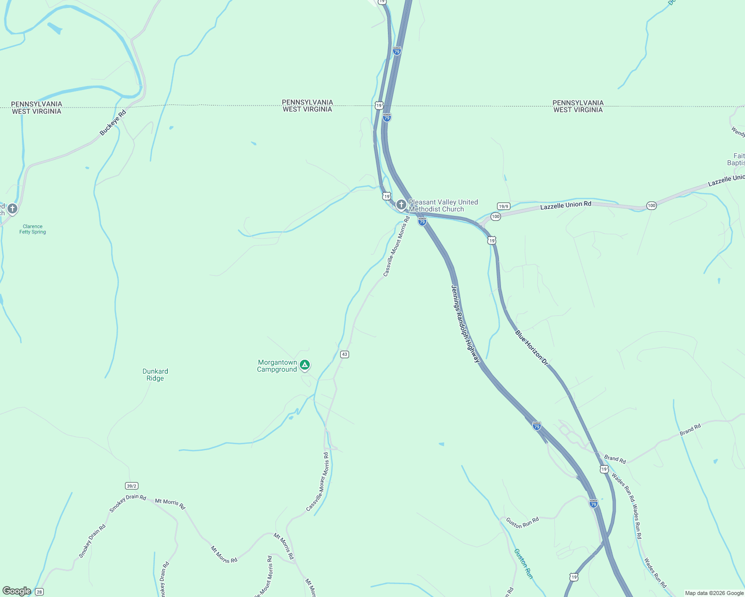 map of restaurants, bars, coffee shops, grocery stores, and more near 1800 Cassville-Mount Morris Road in Morgantown