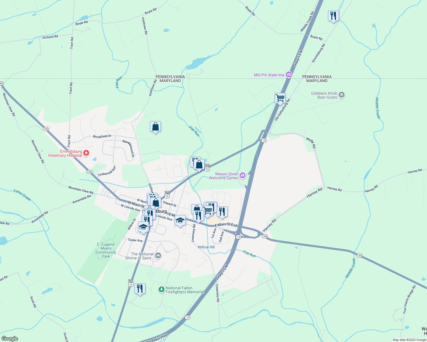 map of restaurants, bars, coffee shops, grocery stores, and more near 17349 North Seton Avenue in Emmitsburg
