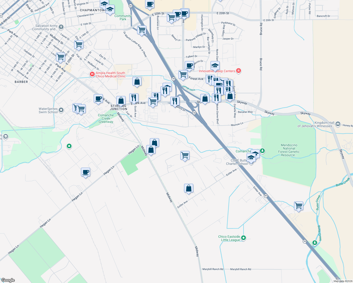 map of restaurants, bars, coffee shops, grocery stores, and more near 558 Paseo Companeros Street in Chico
