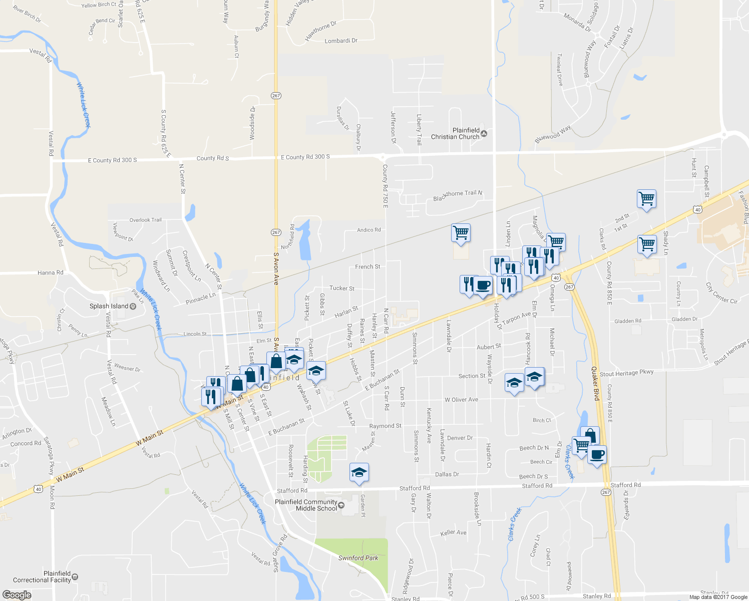 map of restaurants, bars, coffee shops, grocery stores, and more near Hanley Street in Plainfield