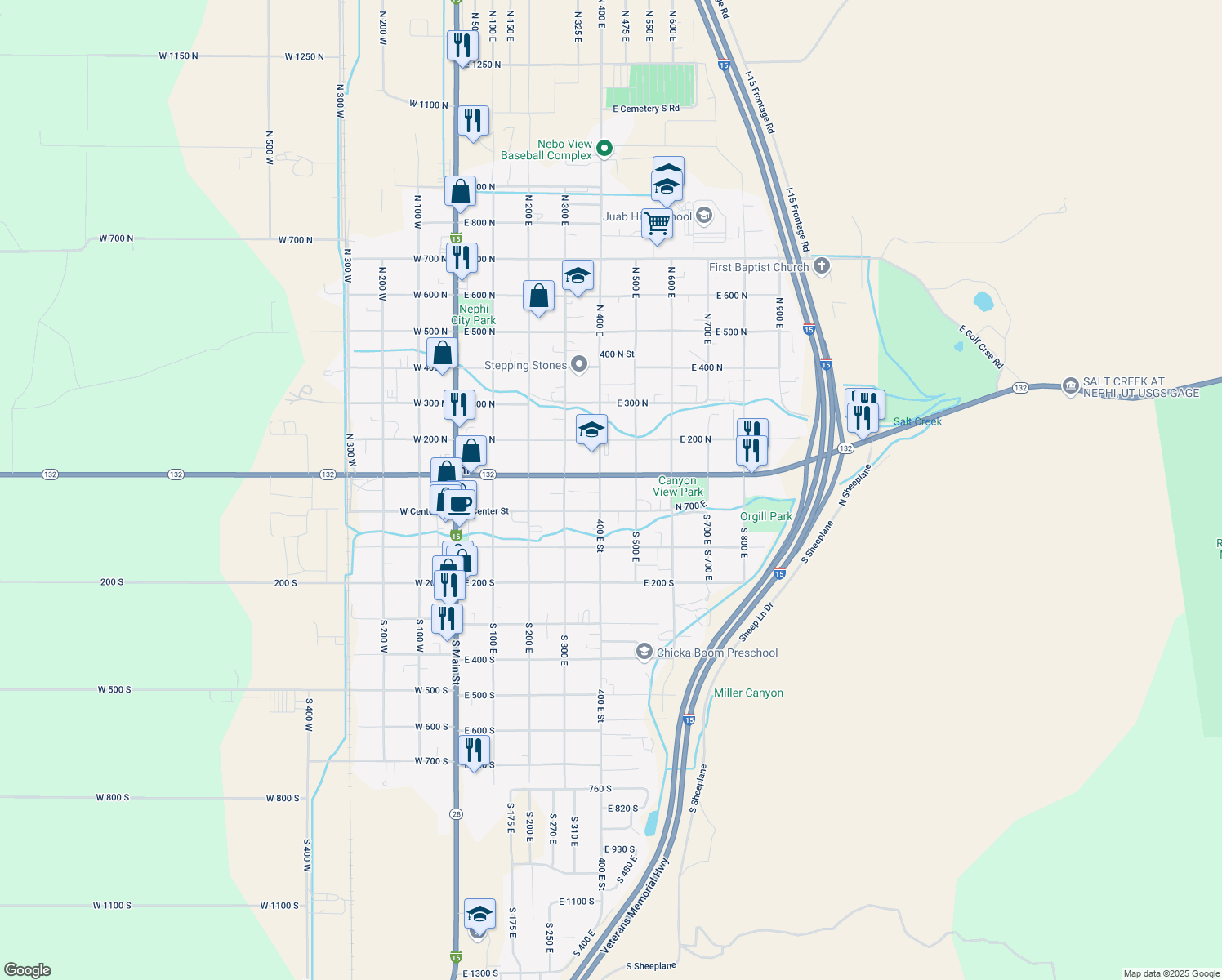 map of restaurants, bars, coffee shops, grocery stores, and more near 54 N 400 E in Nephi