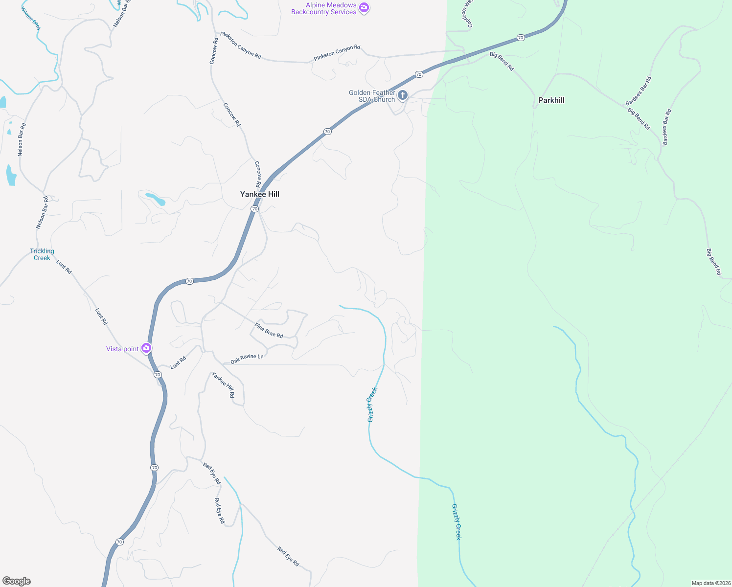 map of restaurants, bars, coffee shops, grocery stores, and more near 256 Yankee Vista Drive in Oroville