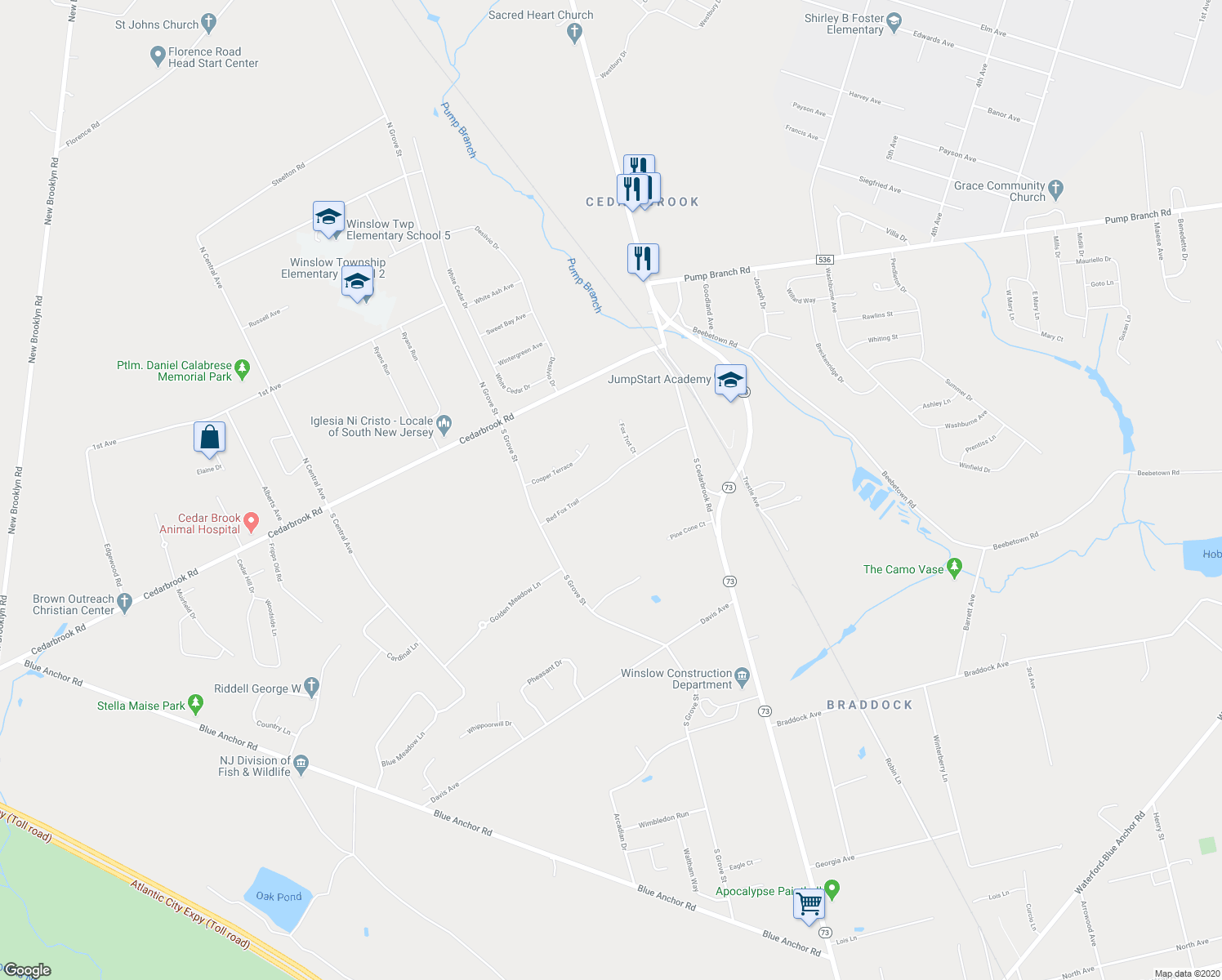 map of restaurants, bars, coffee shops, grocery stores, and more near 23 Red Fox Trail in Sicklerville