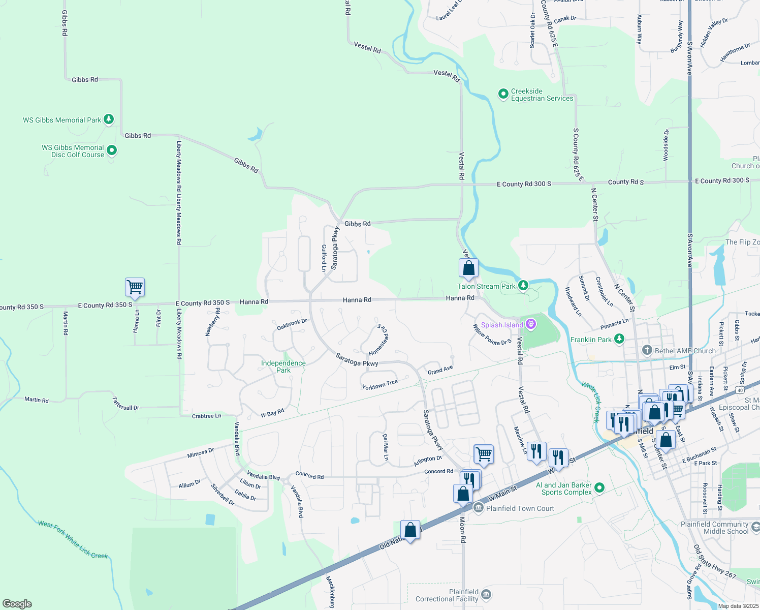 map of restaurants, bars, coffee shops, grocery stores, and more near 5641 East County Road 350 South in Plainfield