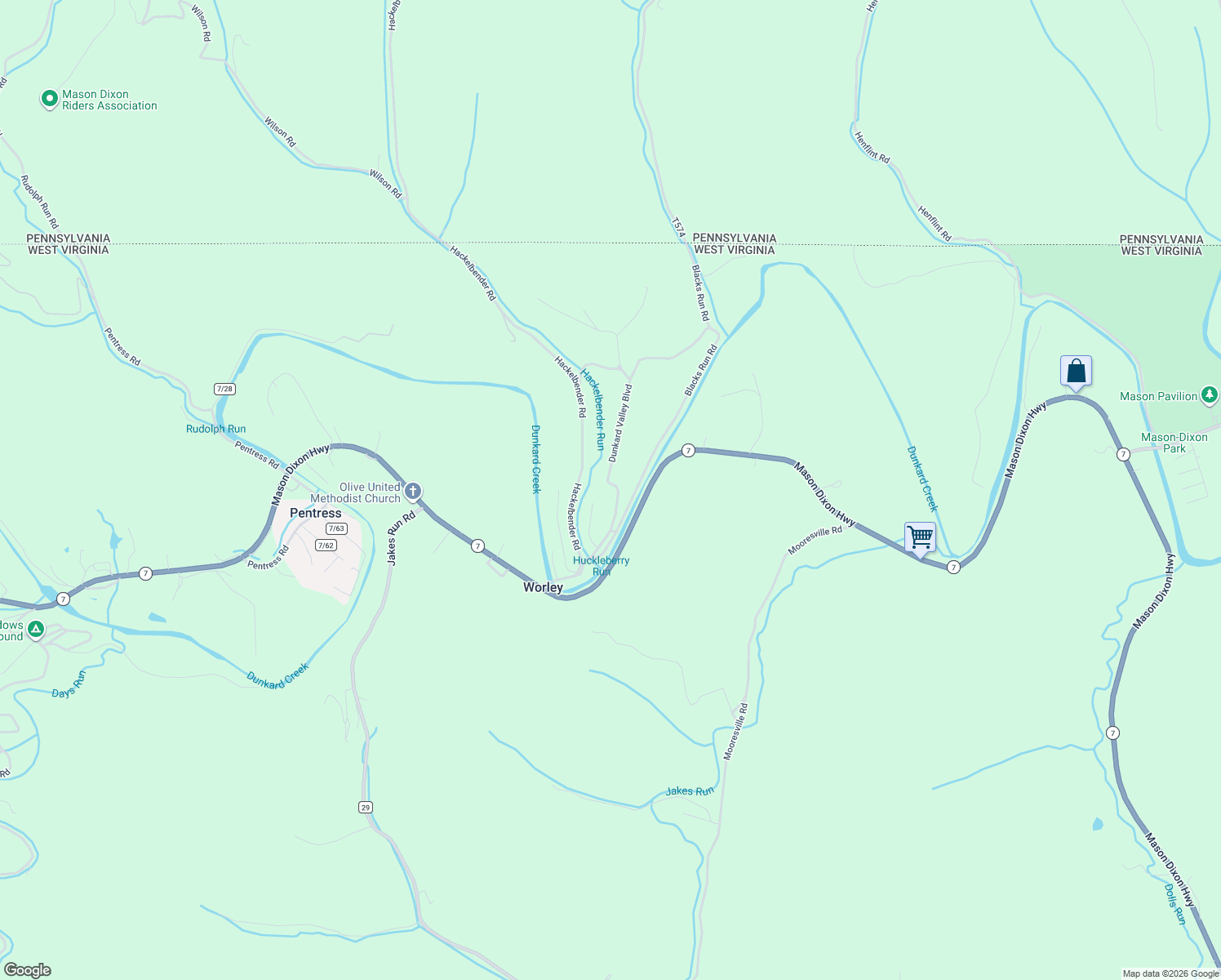 map of restaurants, bars, coffee shops, grocery stores, and more near 93 Dunkard Valley Boulevard in Core