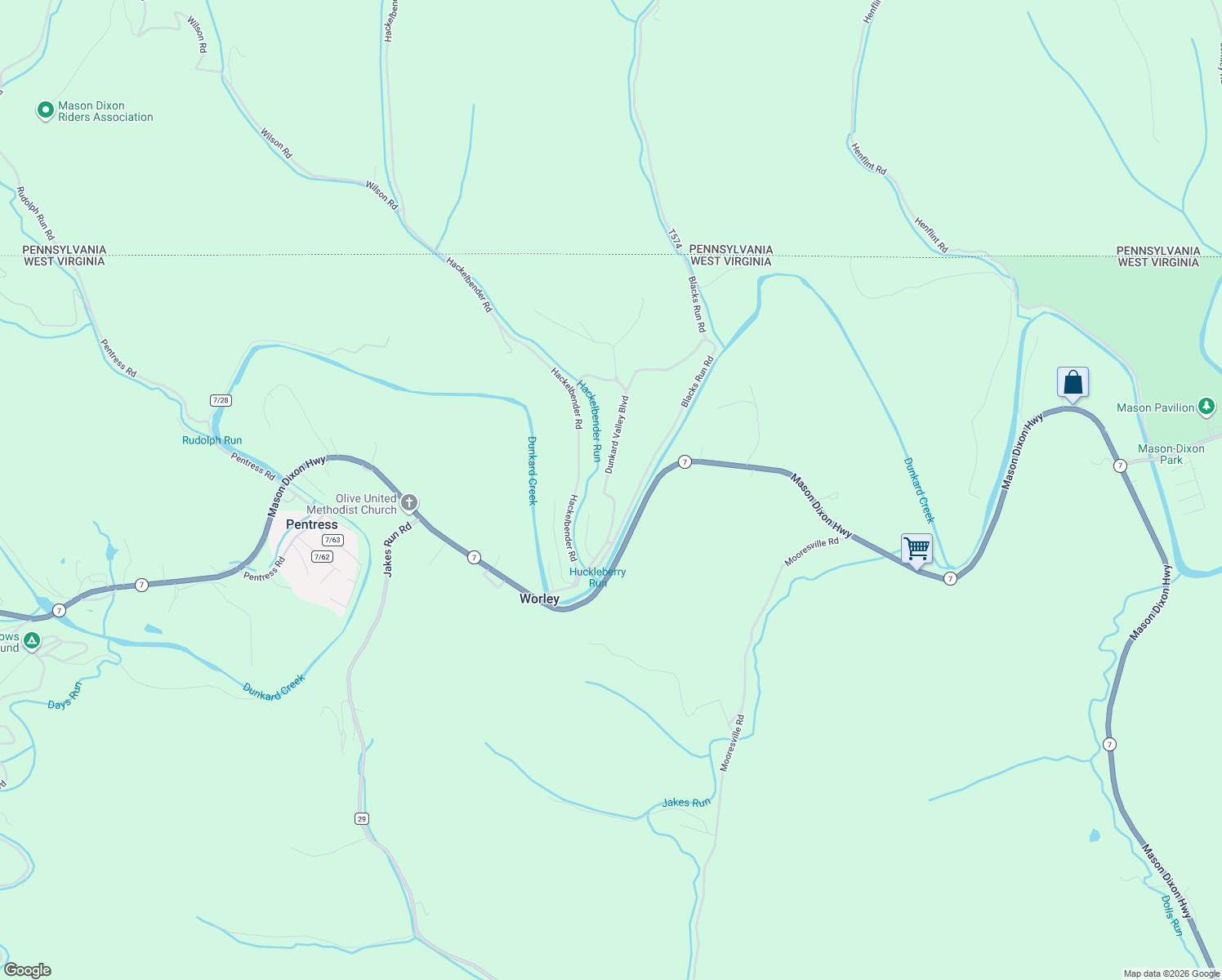 map of restaurants, bars, coffee shops, grocery stores, and more near 93 Dunkard Valley Boulevard in Core