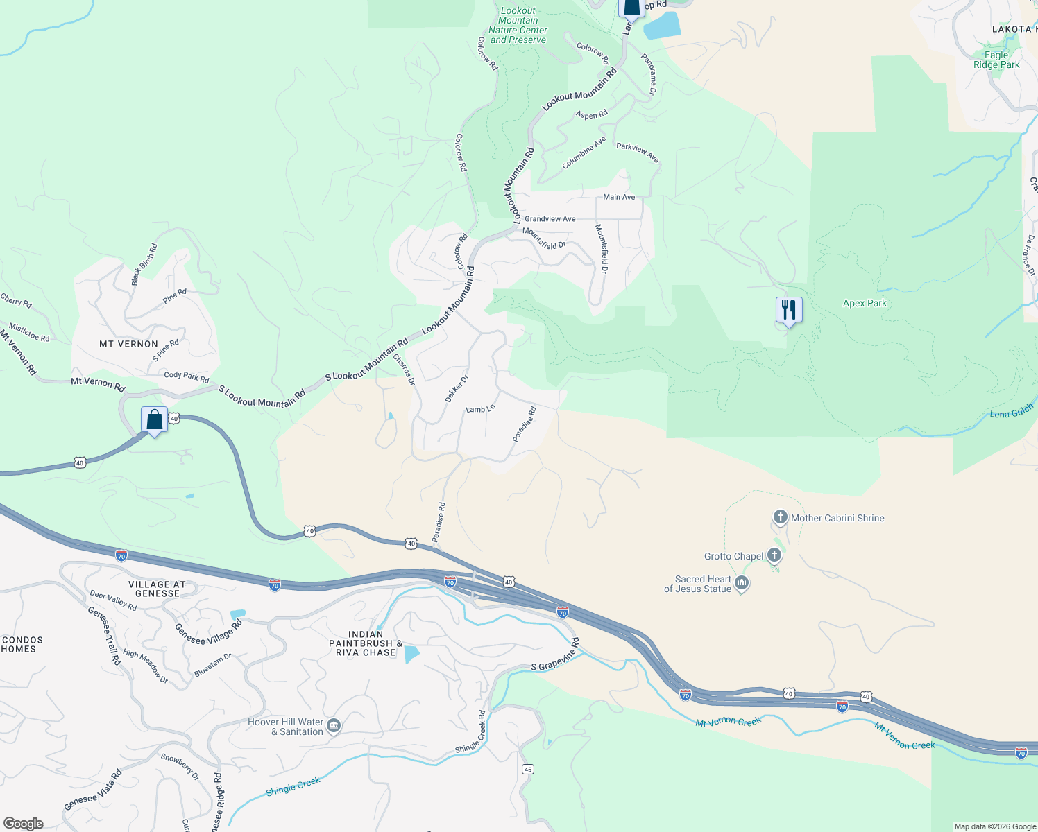 map of restaurants, bars, coffee shops, grocery stores, and more near 213 Paradise Road in Golden