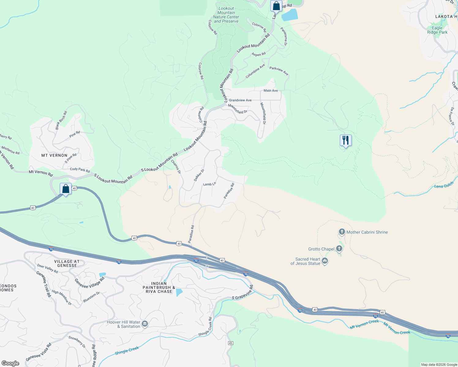 map of restaurants, bars, coffee shops, grocery stores, and more near 213 Paradise Road in Golden