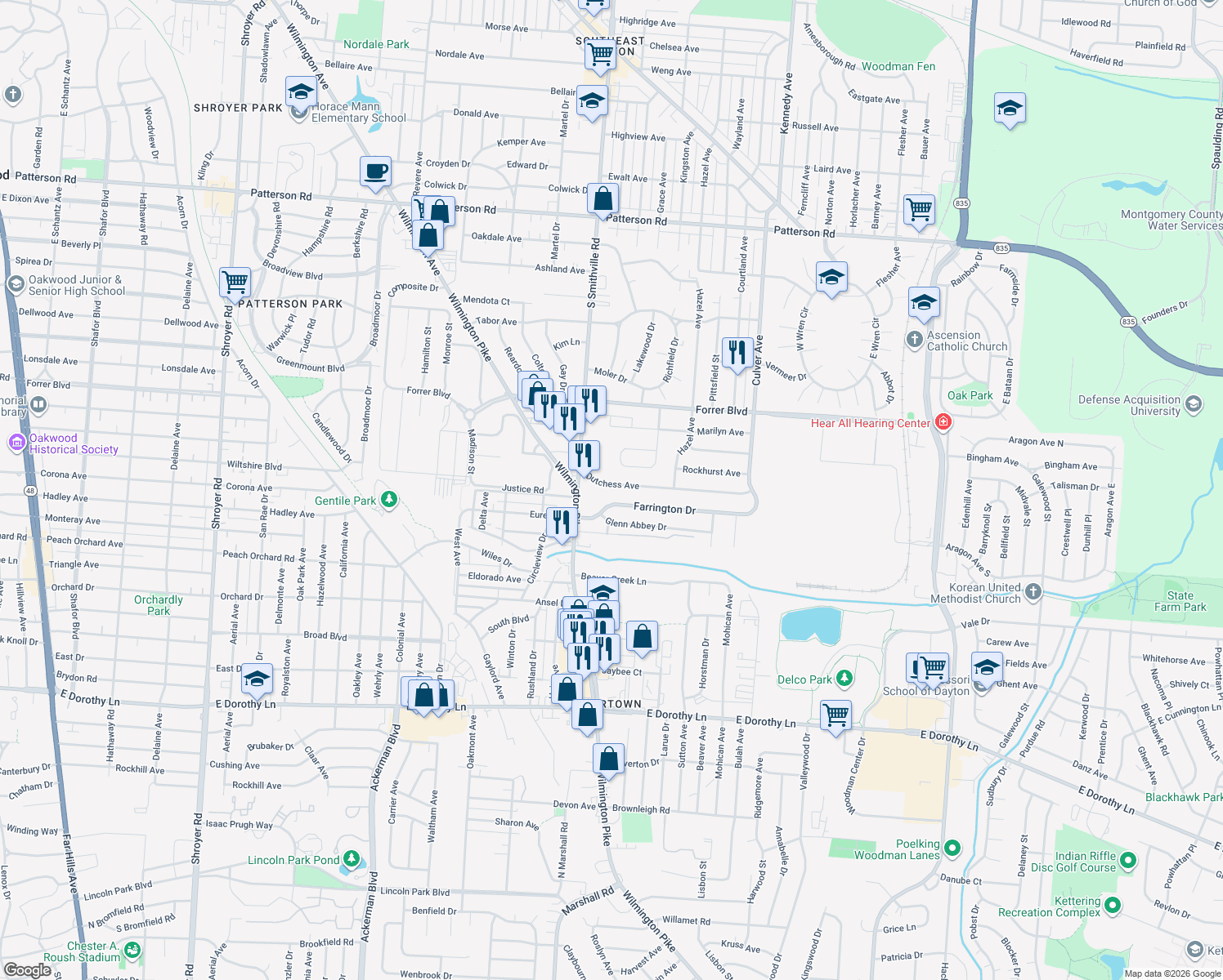 map of restaurants, bars, coffee shops, grocery stores, and more near 1404 Dutchess Ave in Dayton