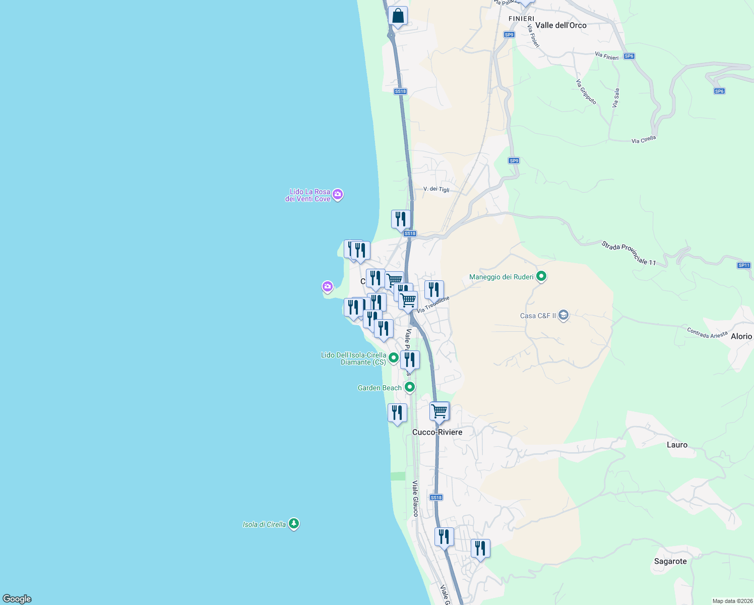 map of restaurants, bars, coffee shops, grocery stores, and more near 215 Via Vittorio Veneto in Cirella