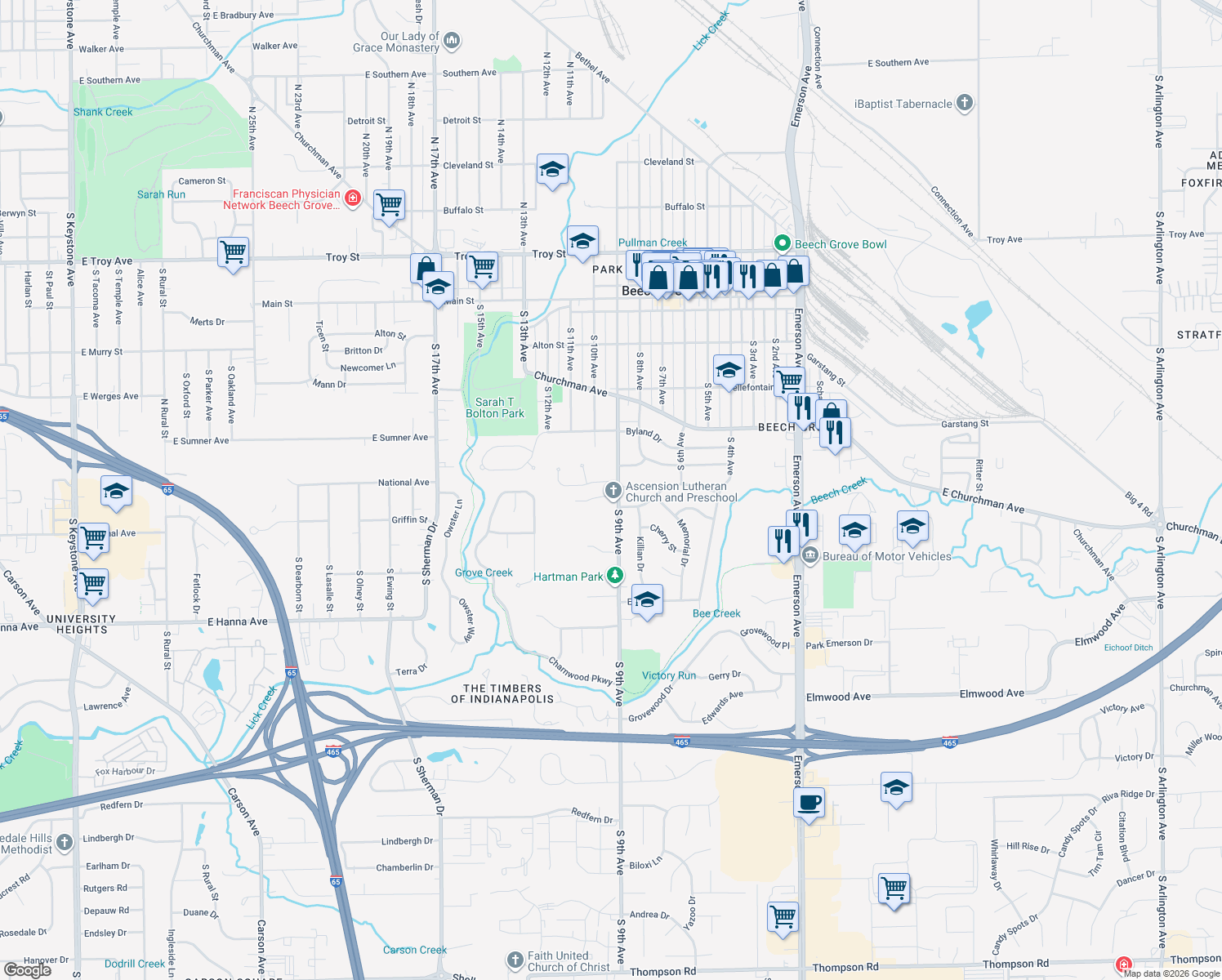 map of restaurants, bars, coffee shops, grocery stores, and more near 913 Timber Grove Place in Beech Grove