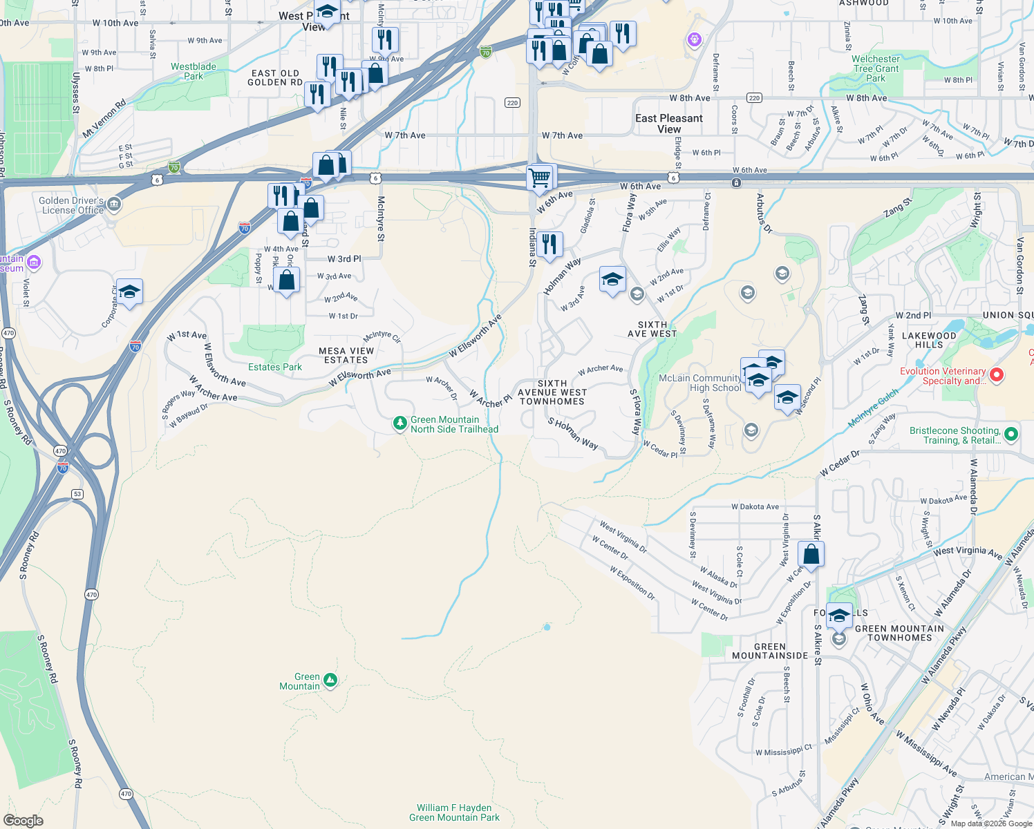 map of restaurants, bars, coffee shops, grocery stores, and more near 133 South Indiana Way in Golden