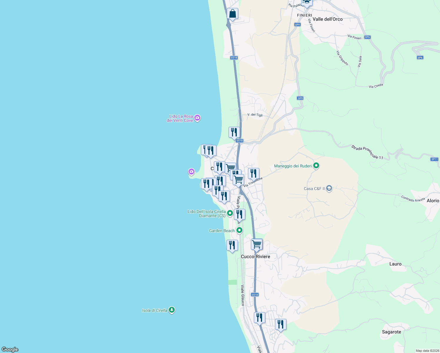 map of restaurants, bars, coffee shops, grocery stores, and more near 215 Via Vittorio Veneto in Cirella