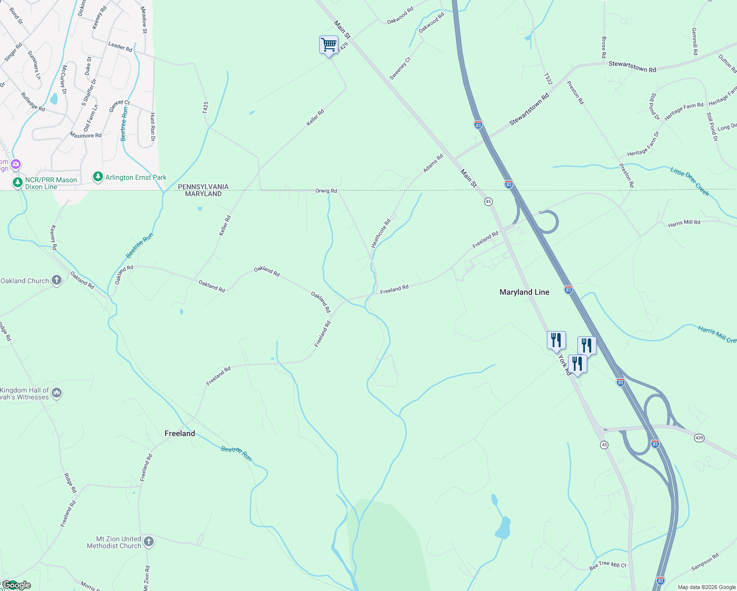 map of restaurants, bars, coffee shops, grocery stores, and more near 612 Freeland Rd in Baltimore