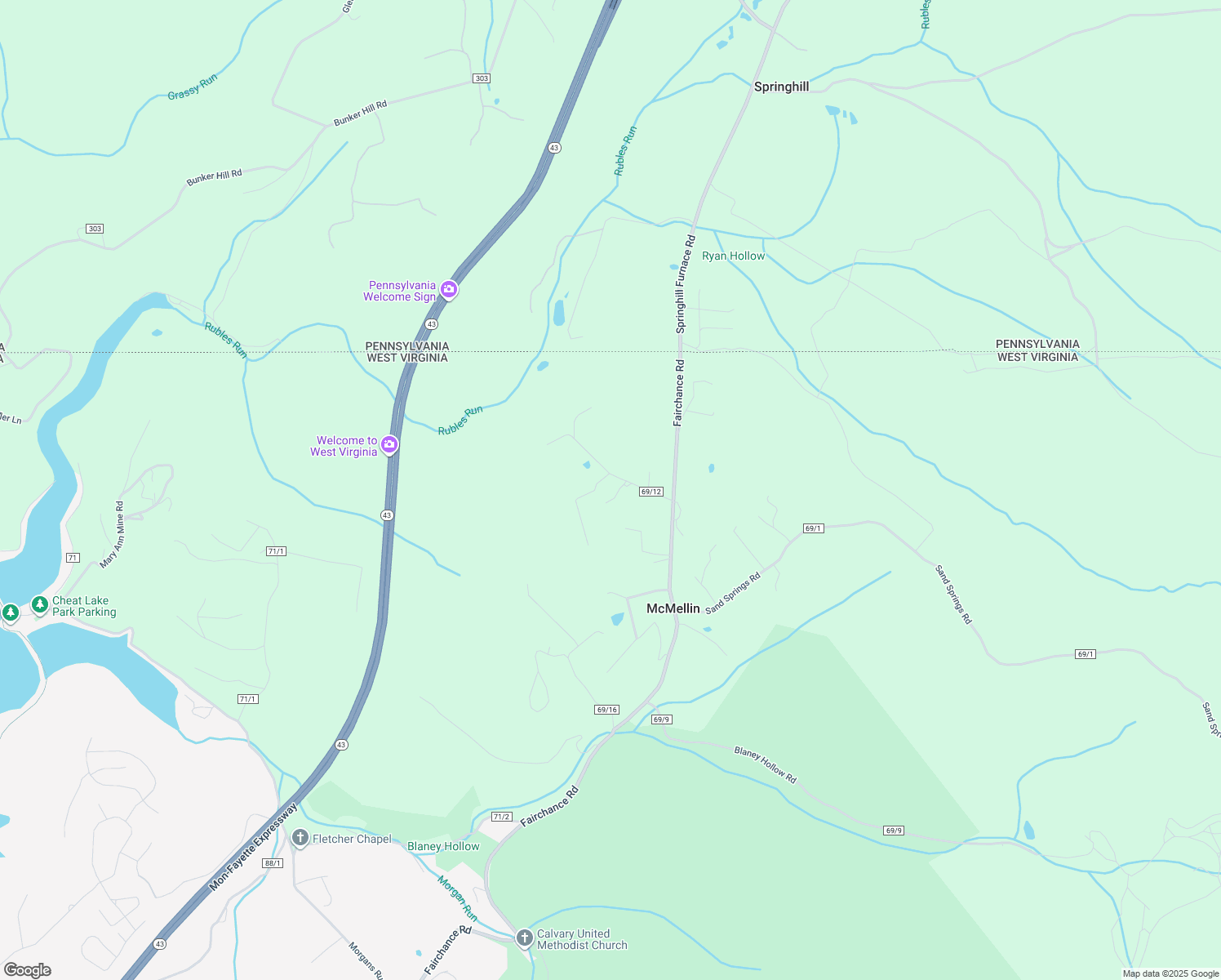 map of restaurants, bars, coffee shops, grocery stores, and more near 57 County Road 69/12 in Morgantown