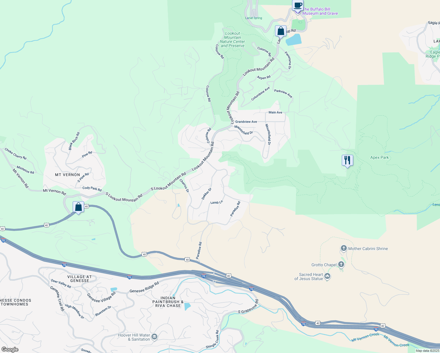map of restaurants, bars, coffee shops, grocery stores, and more near 53 Paradise Road in Golden