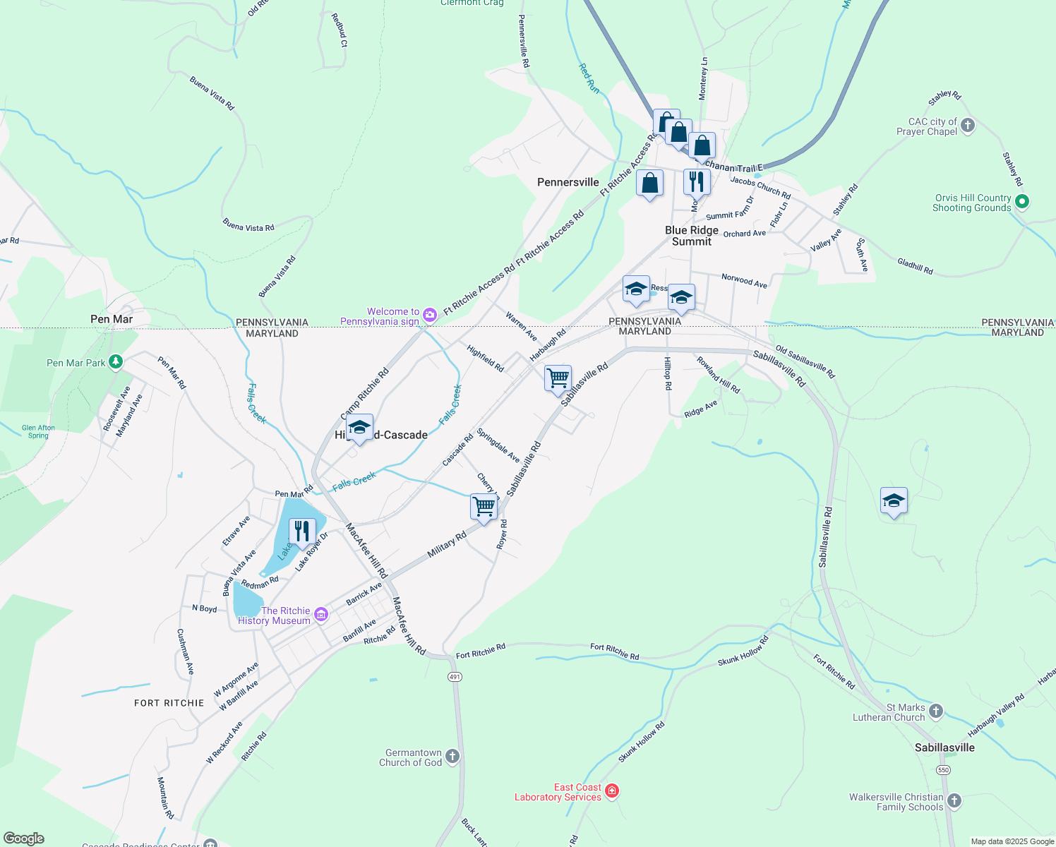 map of restaurants, bars, coffee shops, grocery stores, and more near 25452 Military Rd in Highfield-Cascade