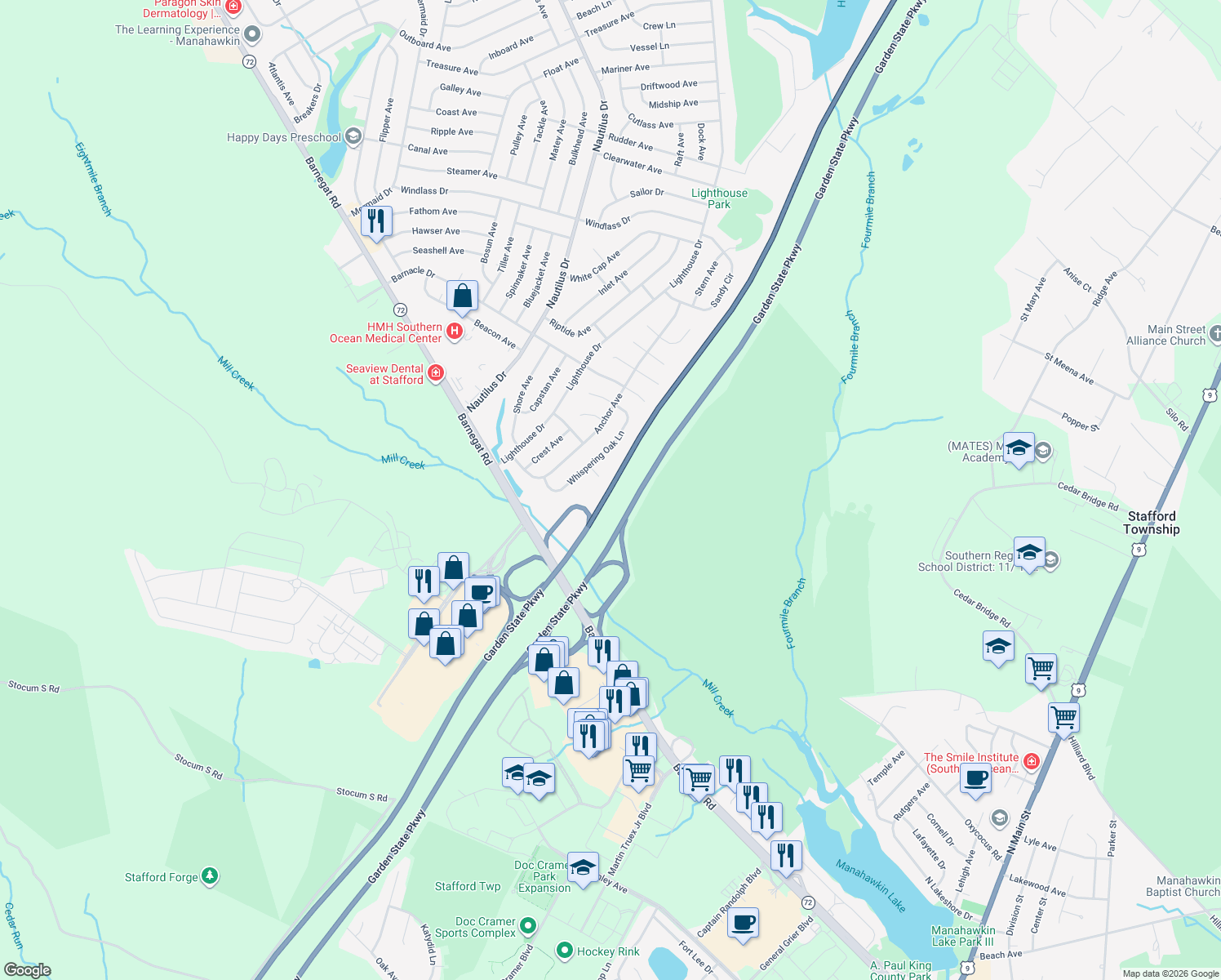 map of restaurants, bars, coffee shops, grocery stores, and more near Garden State Pkwy in Stafford Township