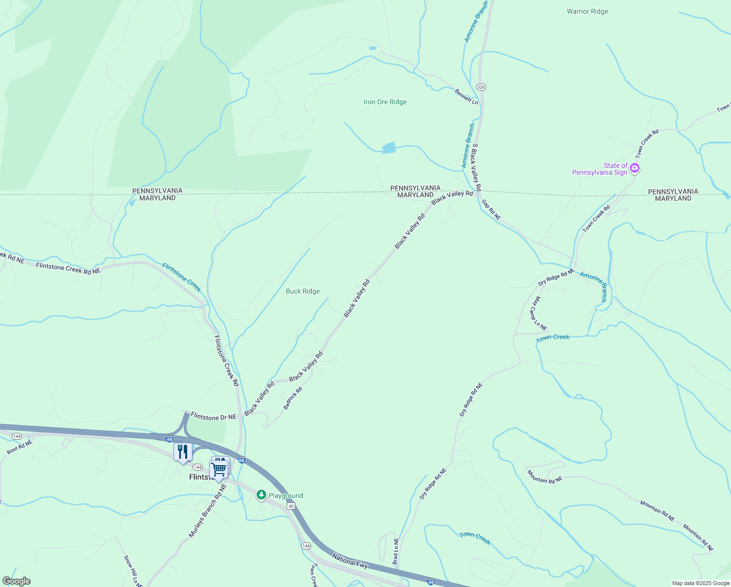 map of restaurants, bars, coffee shops, grocery stores, and more near 13810 Black Valley Road in Flintstone