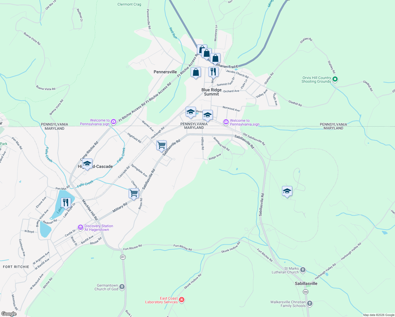 map of restaurants, bars, coffee shops, grocery stores, and more near 14606 Hilltop Road in Highfield-Cascade