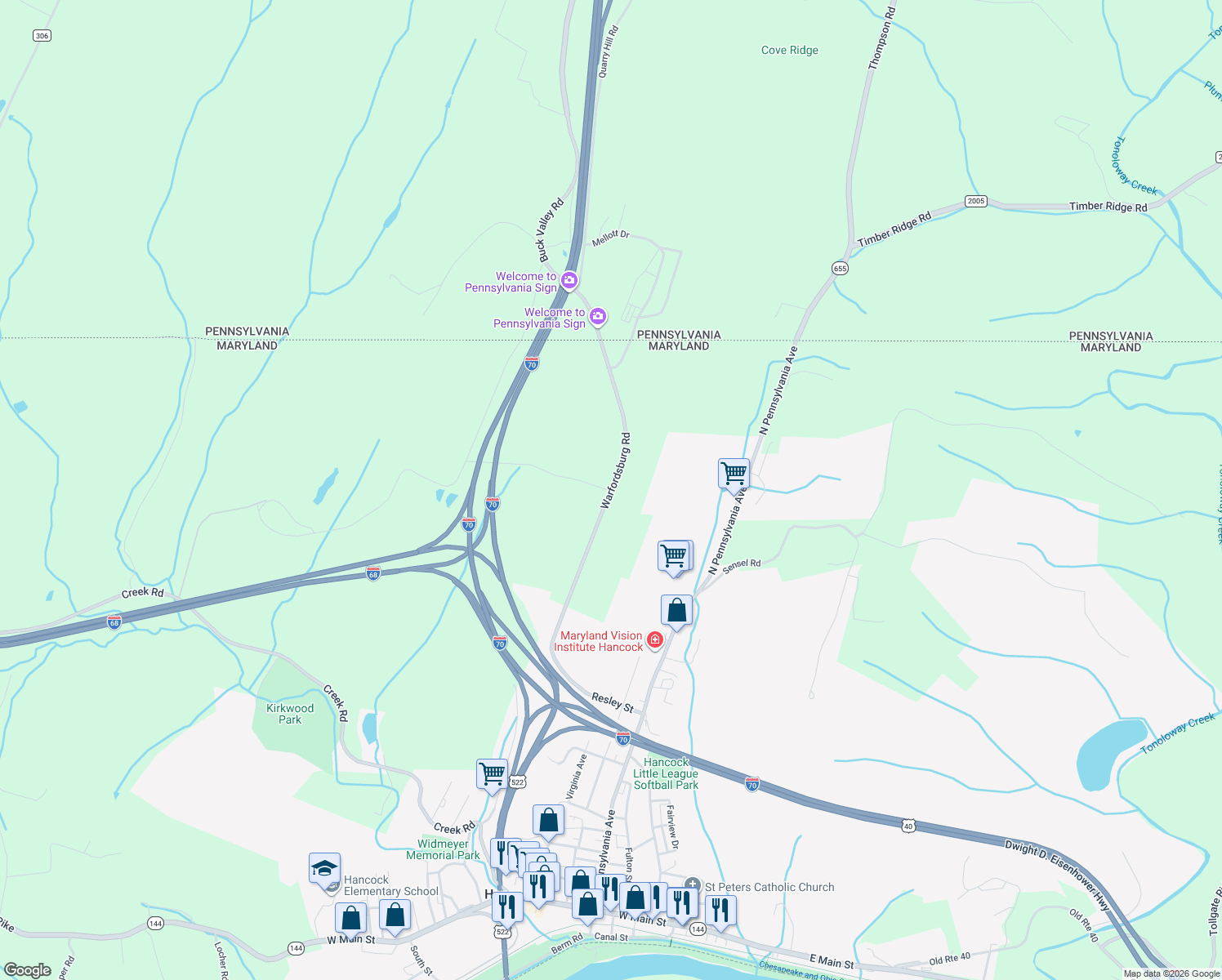 map of restaurants, bars, coffee shops, grocery stores, and more near 14795 Warfordsburg Road in Hancock