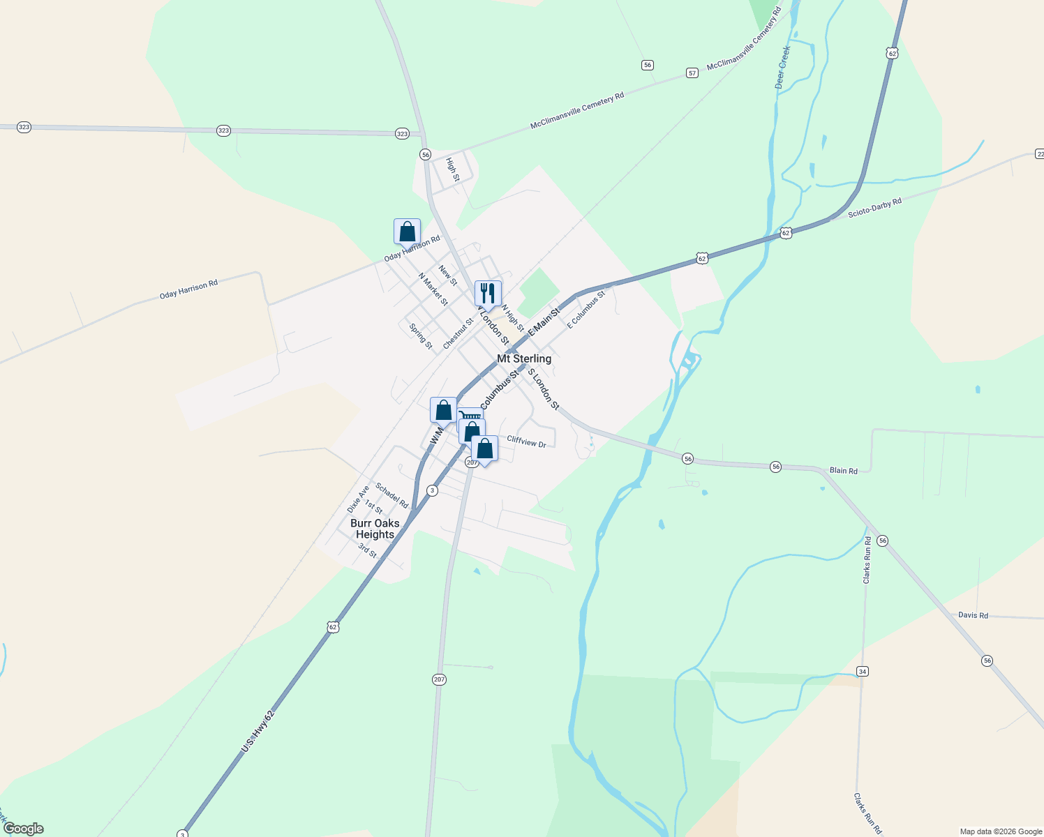 map of restaurants, bars, coffee shops, grocery stores, and more near 99 Valleyview Drive in Mount Sterling