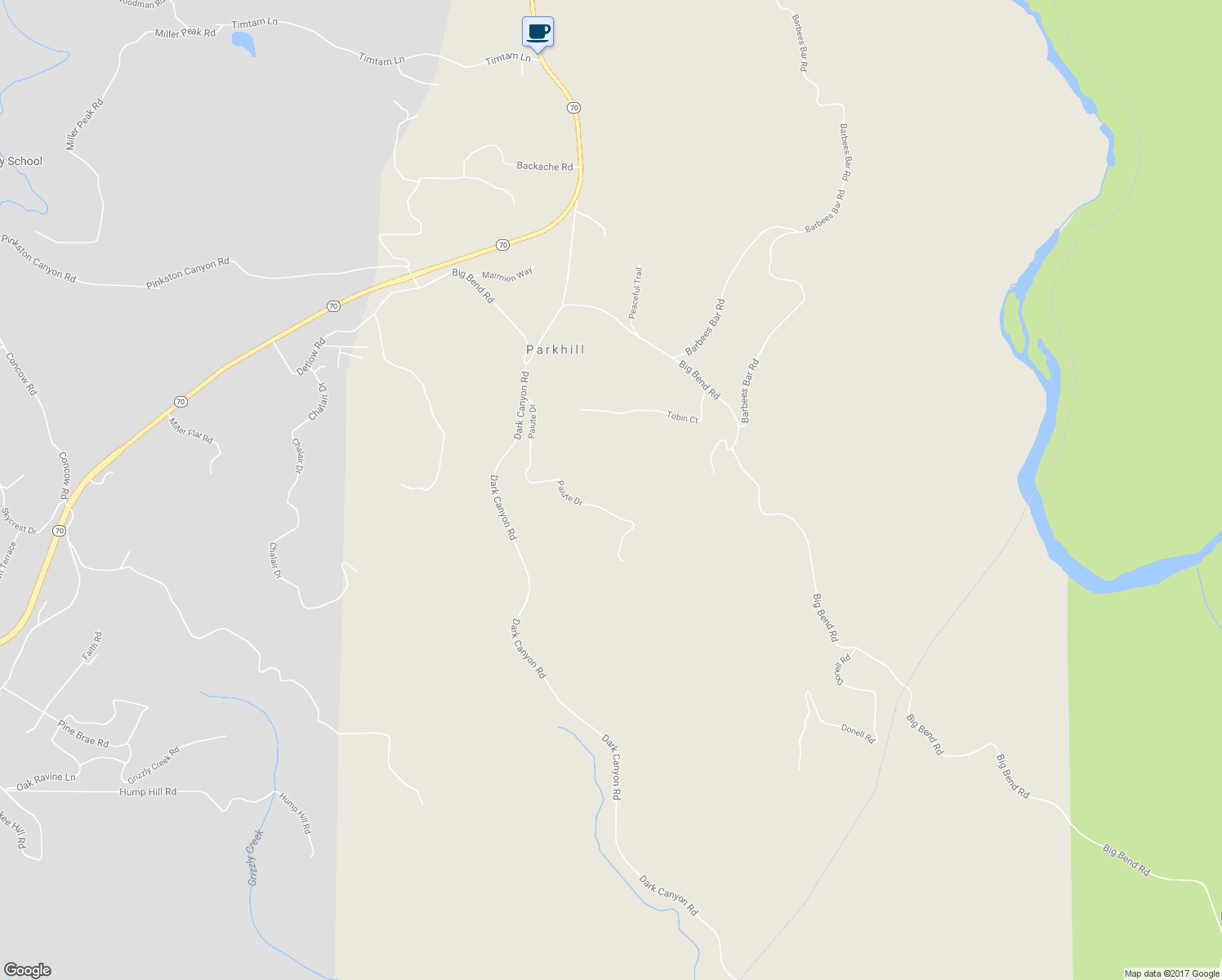 map of restaurants, bars, coffee shops, grocery stores, and more near 4215 Paiute Drive in Oroville