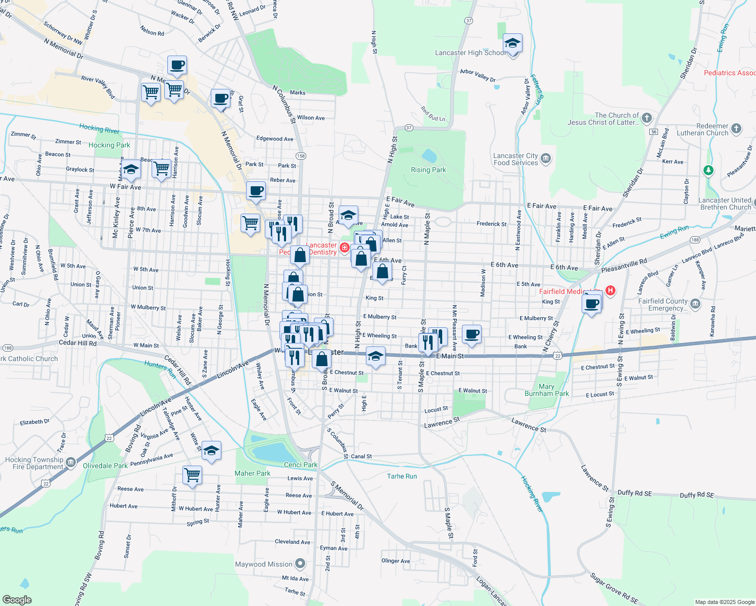 map of restaurants, bars, coffee shops, grocery stores, and more near 230 King Street in Lancaster