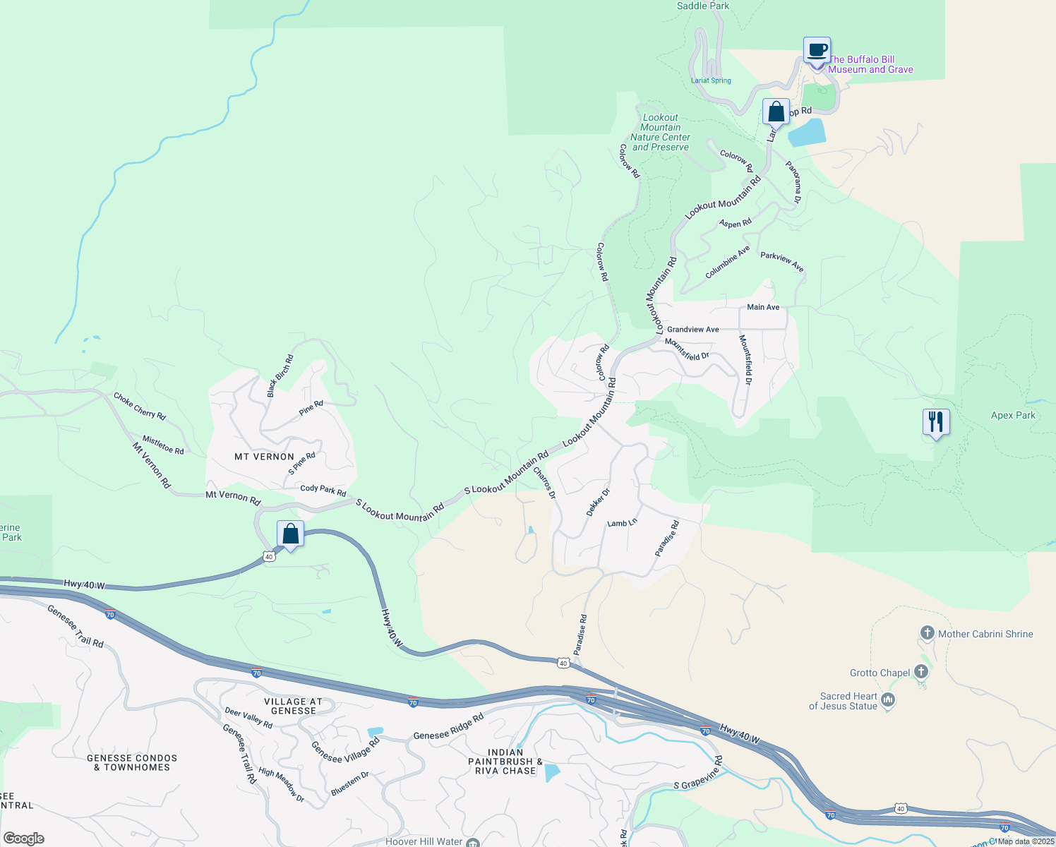 map of restaurants, bars, coffee shops, grocery stores, and more near 23 Hess Avenue in Golden