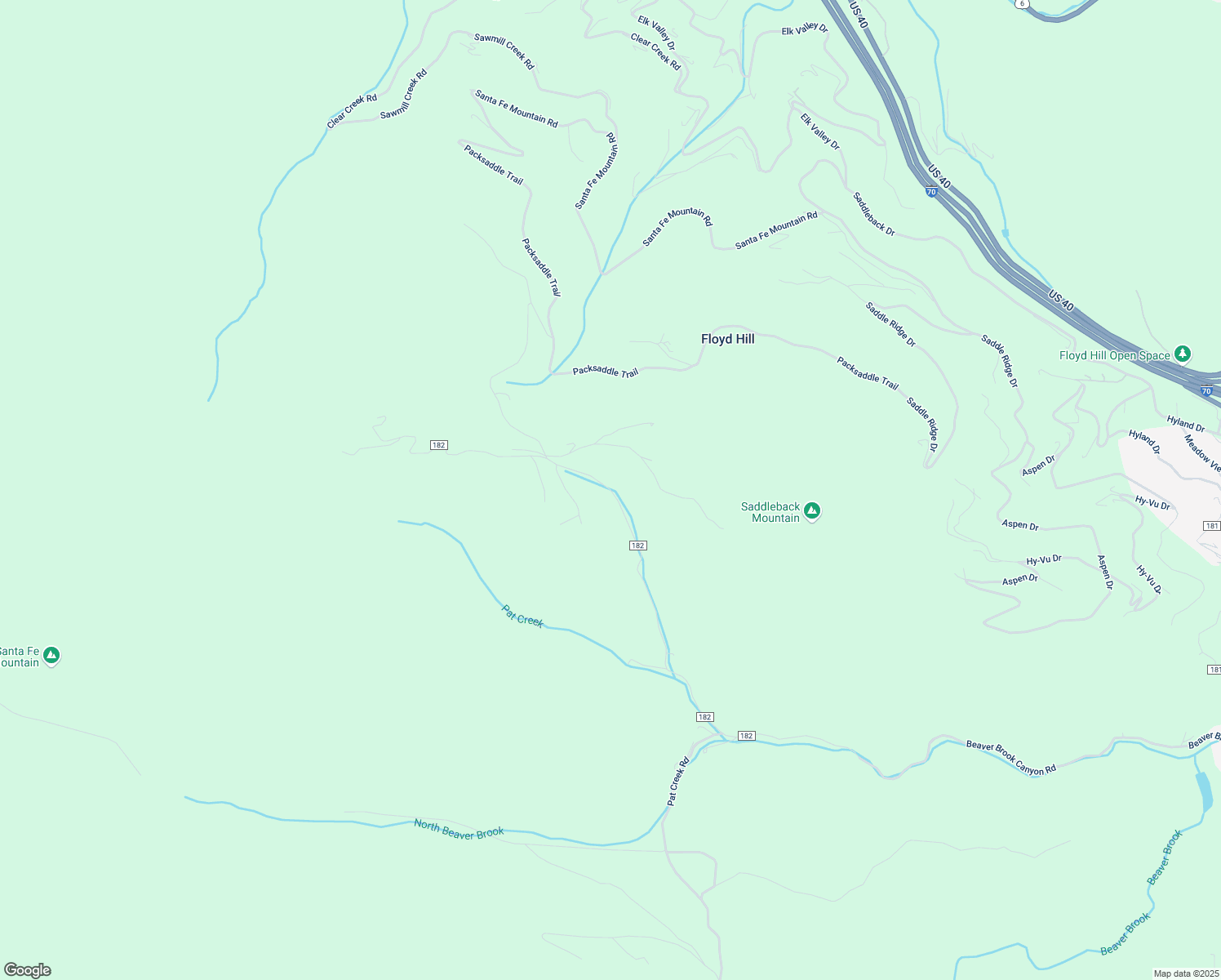map of restaurants, bars, coffee shops, grocery stores, and more near County Road 182 in Floyd Hill