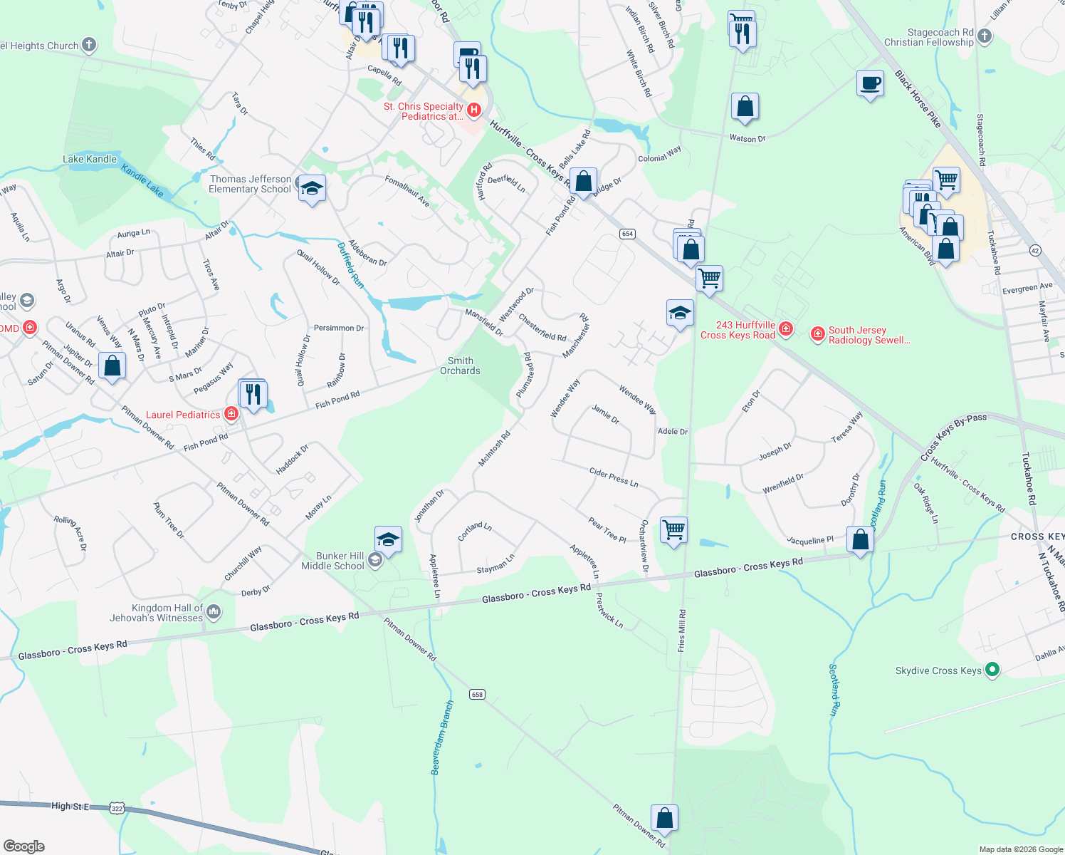 map of restaurants, bars, coffee shops, grocery stores, and more near 26 McIntosh Road in Washington Township