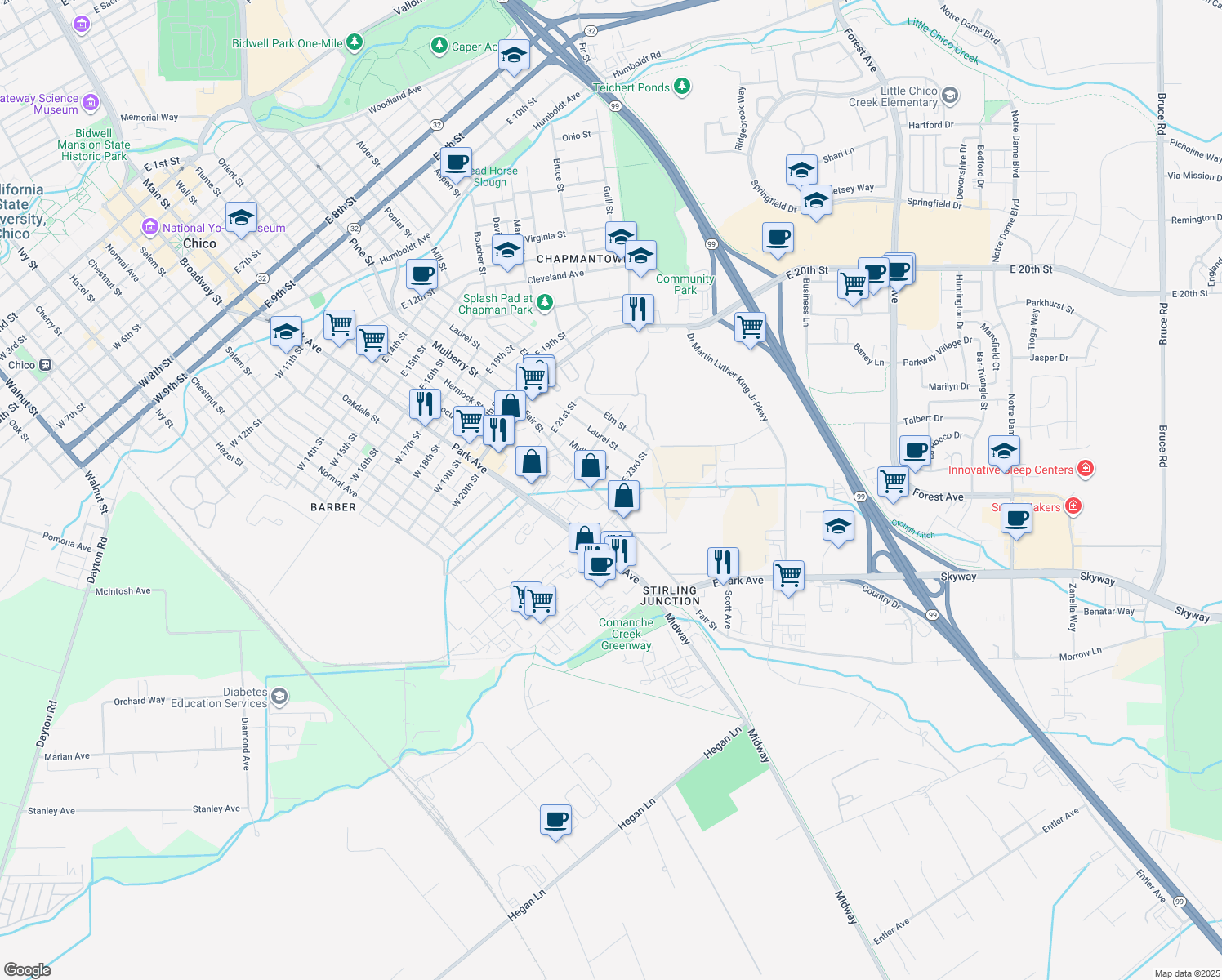 map of restaurants, bars, coffee shops, grocery stores, and more near 378 East 23rd Street in Chico