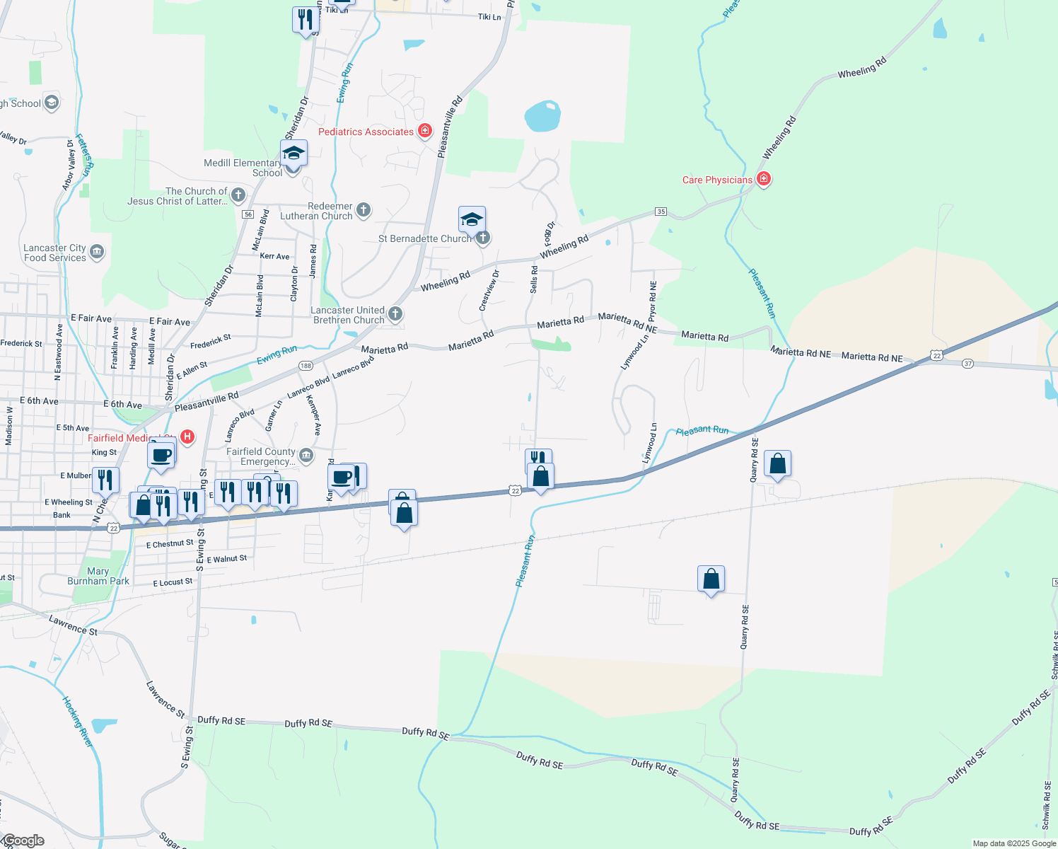 map of restaurants, bars, coffee shops, grocery stores, and more near 199 Sells Road in Lancaster