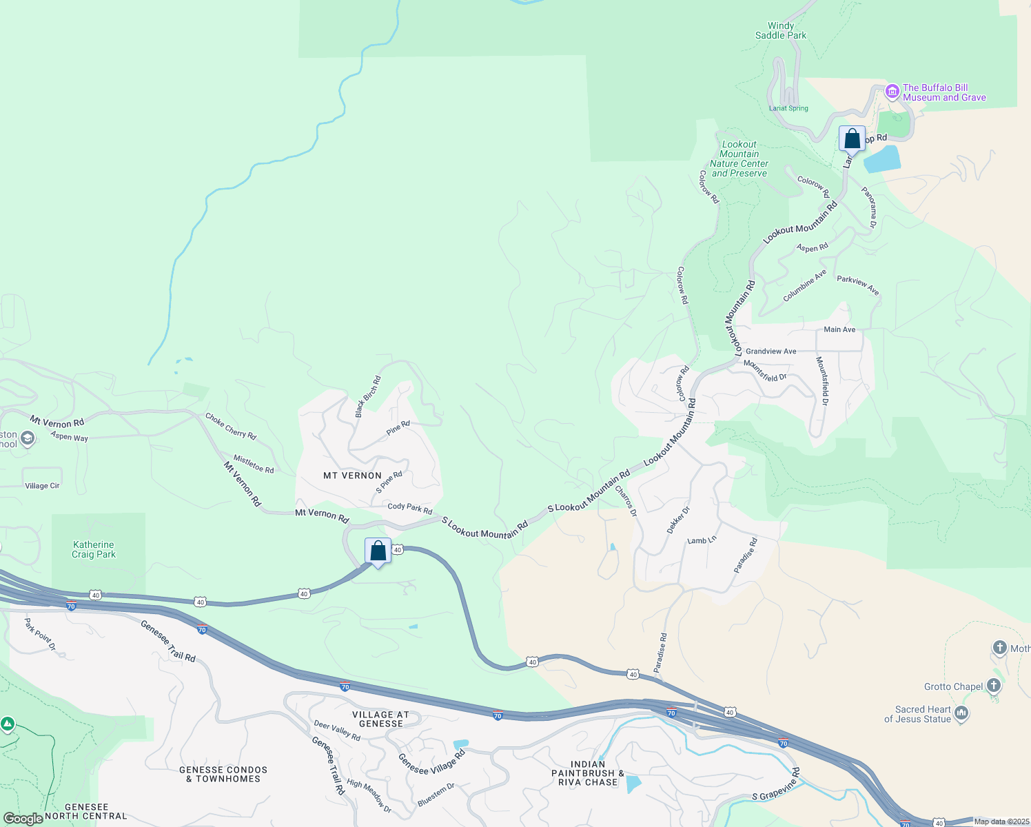 map of restaurants, bars, coffee shops, grocery stores, and more near 101 Krestview Lane in Golden