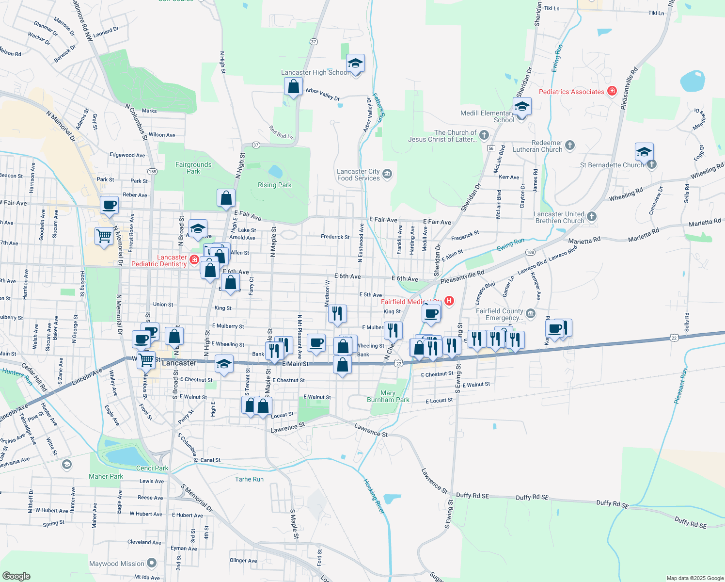 map of restaurants, bars, coffee shops, grocery stores, and more near 504 N Eastwood Ave in Lancaster