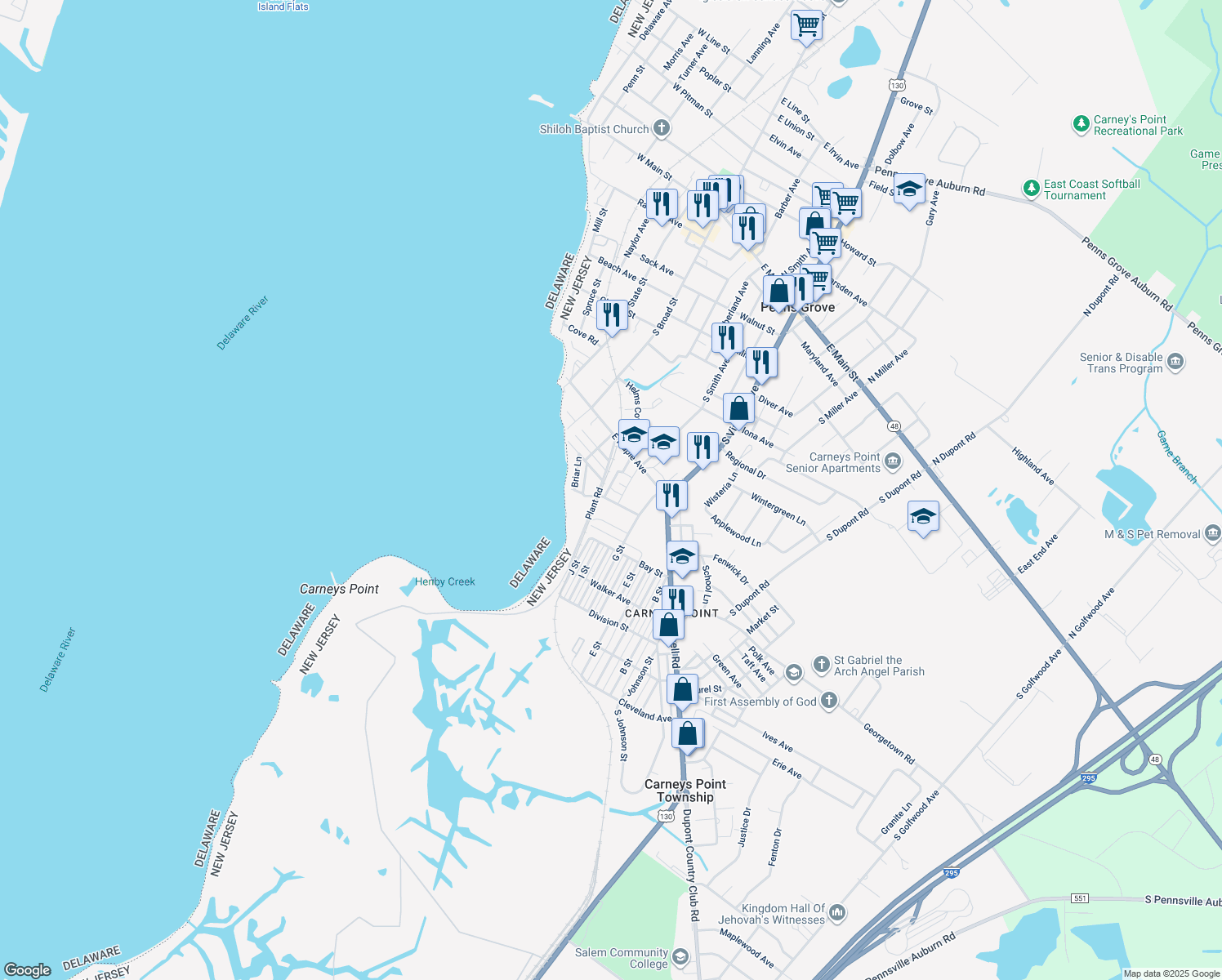 map of restaurants, bars, coffee shops, grocery stores, and more near 217 Hayes Street in Carneys Point Township