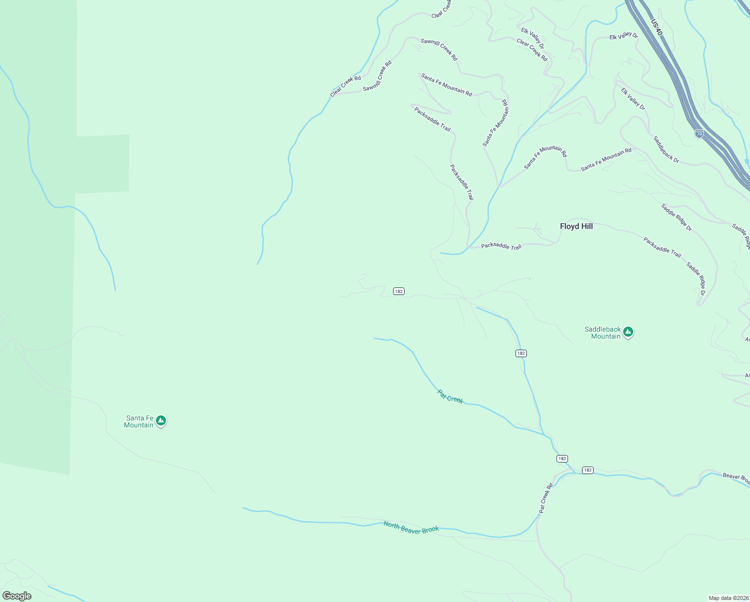map of restaurants, bars, coffee shops, grocery stores, and more near County Road 182 in Evergreen
