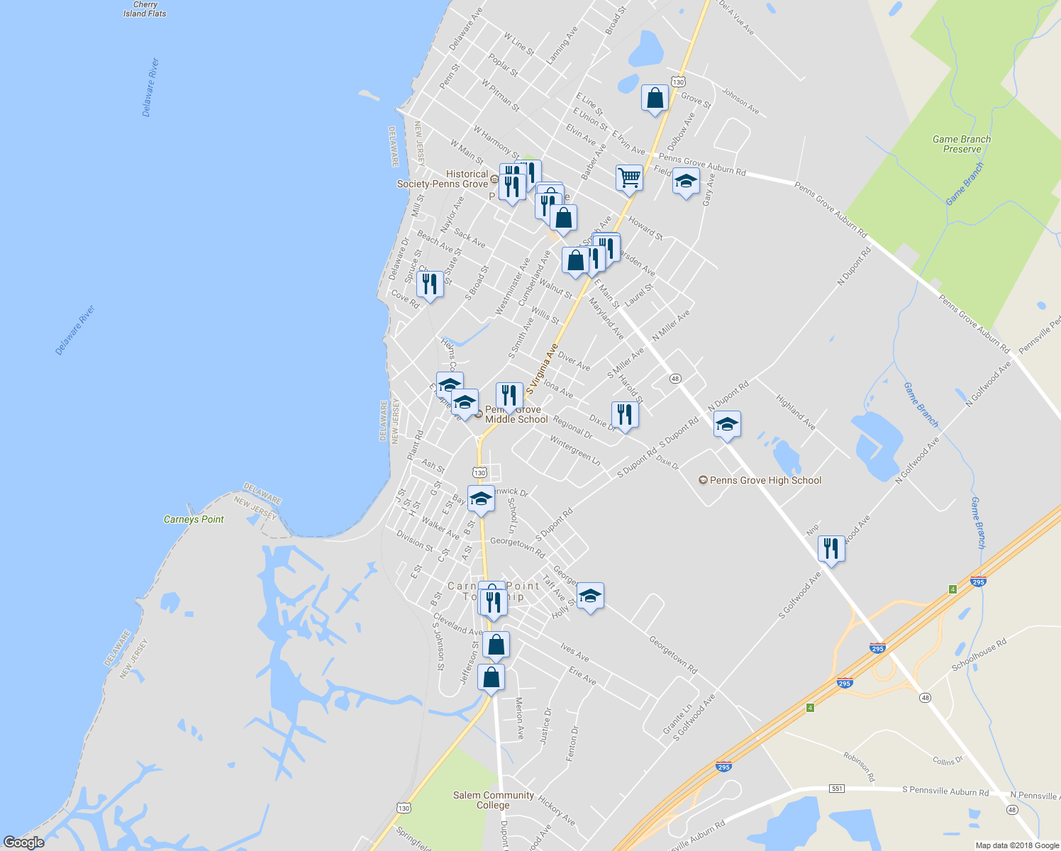 map of restaurants, bars, coffee shops, grocery stores, and more near 100 Wisteria Lane in Penns Grove