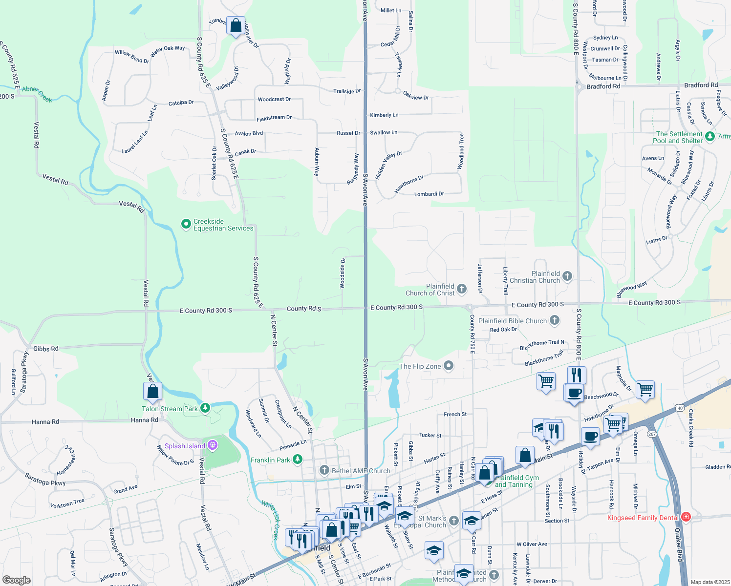 map of restaurants, bars, coffee shops, grocery stores, and more near 2936 Indiana 267 in Plainfield
