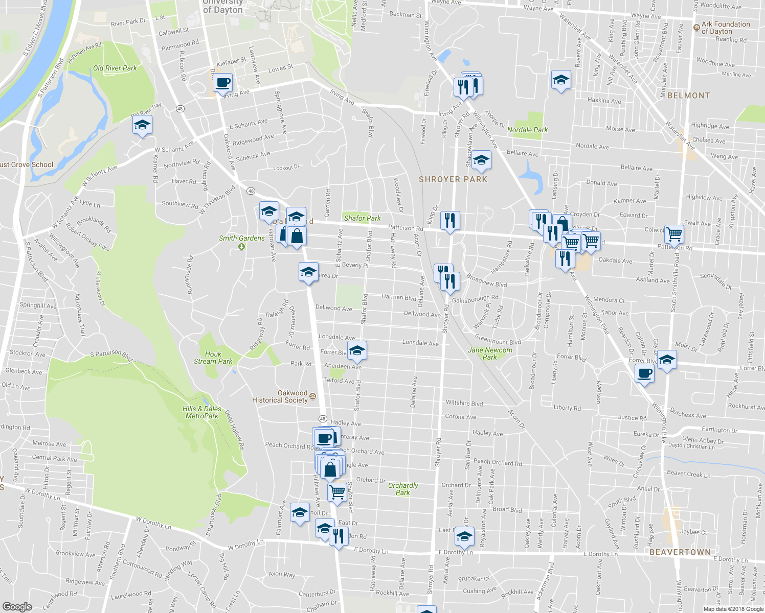 map of restaurants, bars, coffee shops, grocery stores, and more near 235 Dellwood Avenue in Dayton