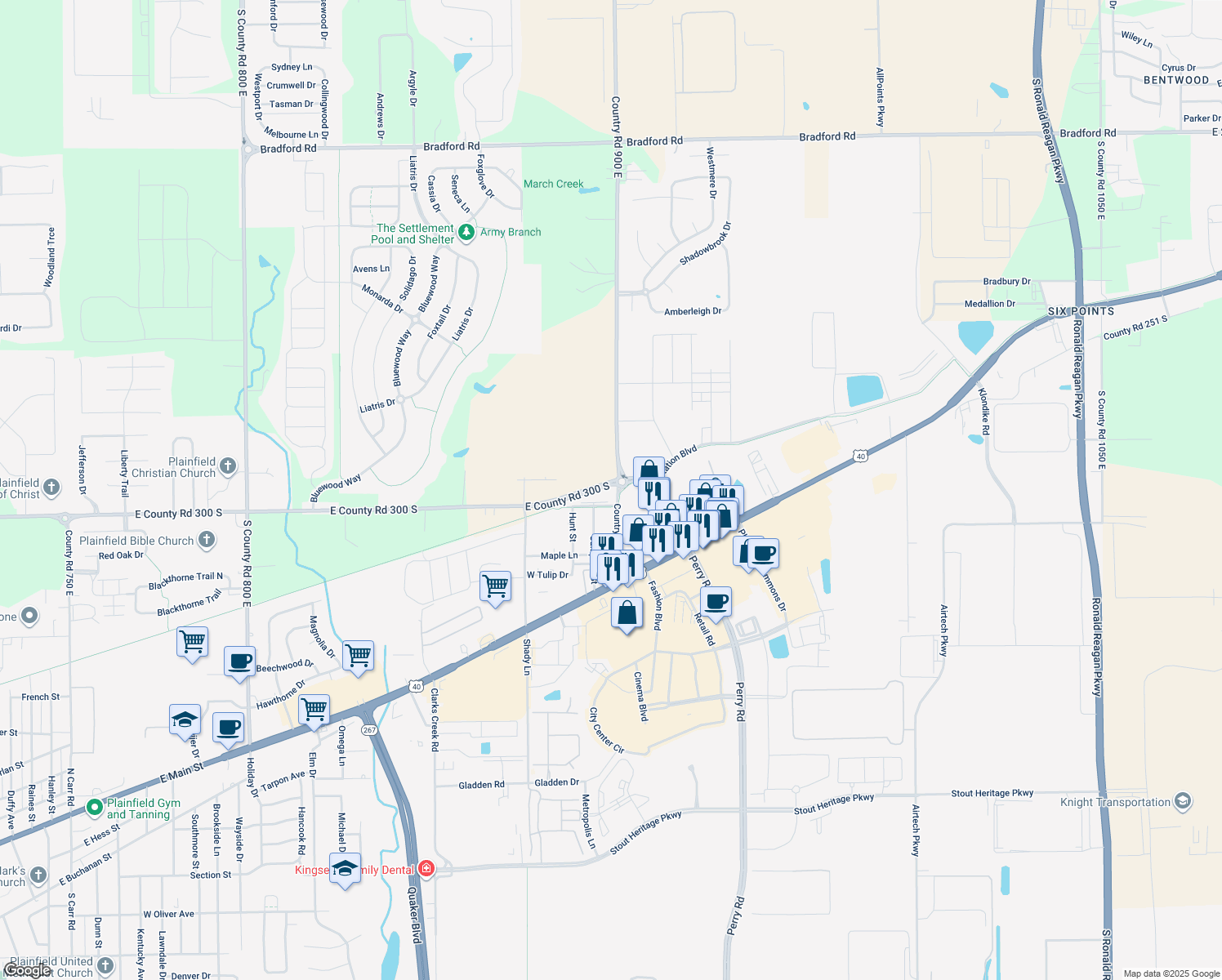 map of restaurants, bars, coffee shops, grocery stores, and more near 3230 Smith Road in Plainfield
