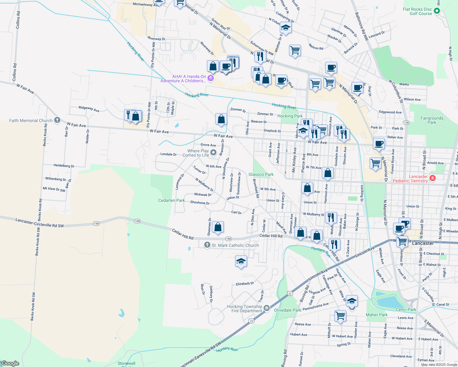 map of restaurants, bars, coffee shops, grocery stores, and more near 505 Westview Dr in Lancaster
