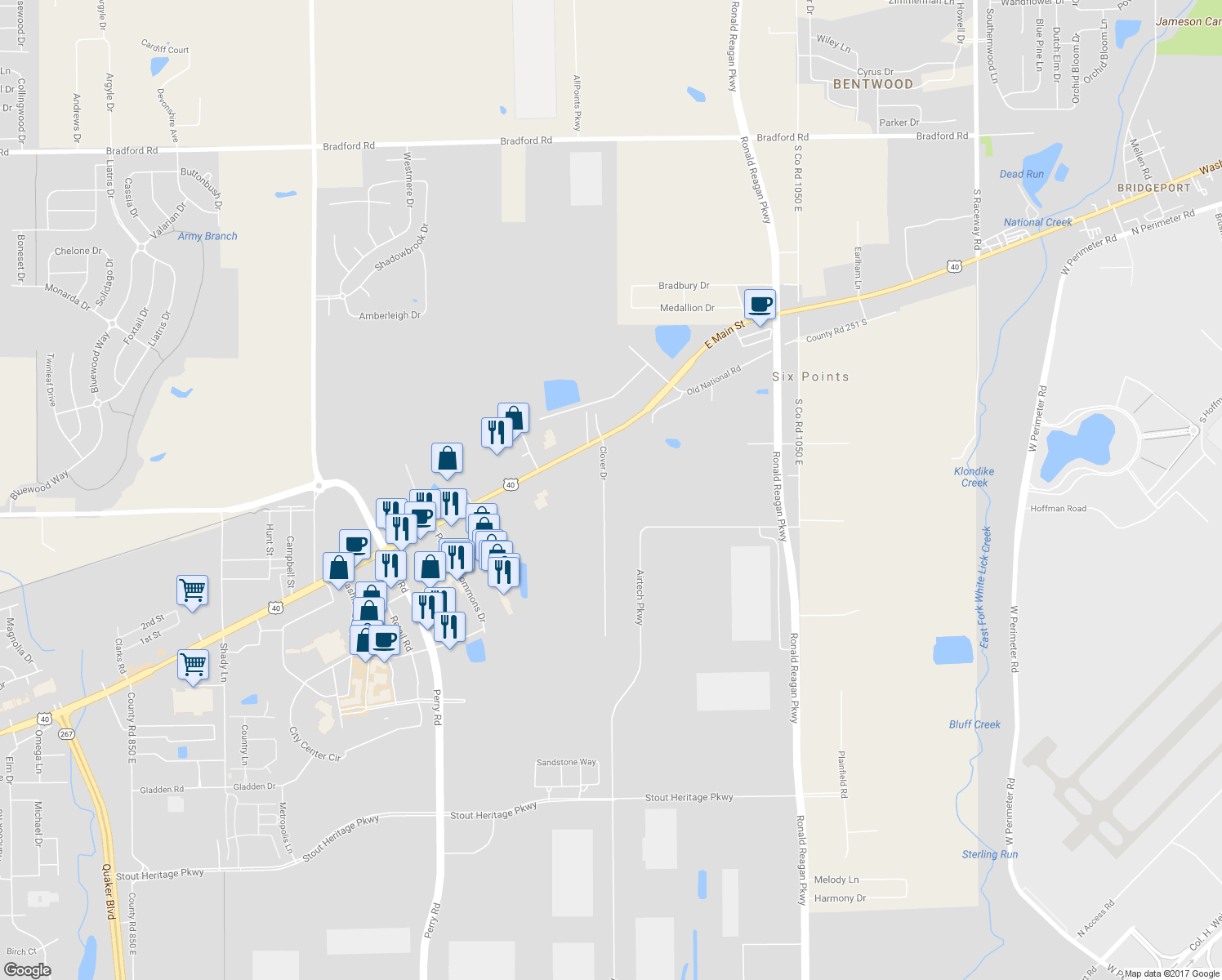 map of restaurants, bars, coffee shops, grocery stores, and more near 2961 Clover Drive in Plainfield