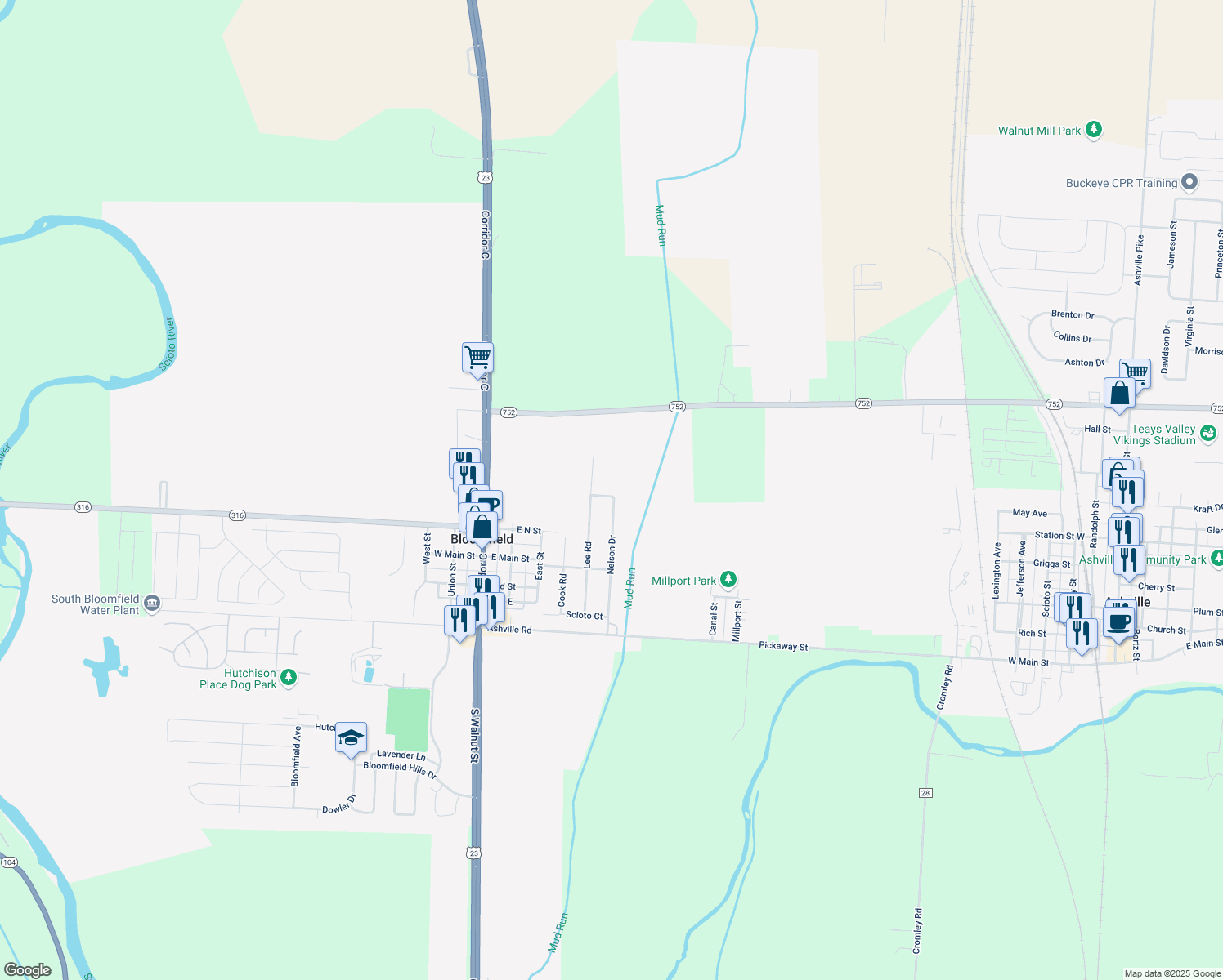 map of restaurants, bars, coffee shops, grocery stores, and more near 5015 Nelson Drive in South Bloomfield