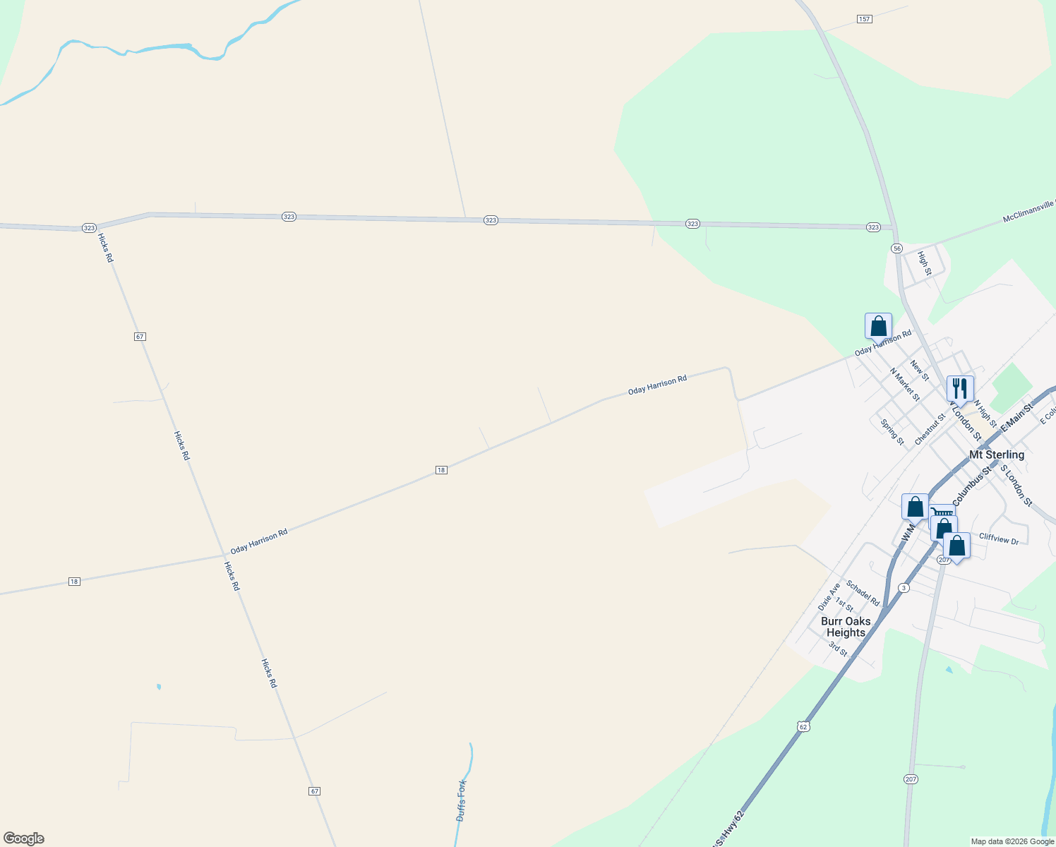 map of restaurants, bars, coffee shops, grocery stores, and more near 9710 Oday Harrison Road in Mount Sterling
